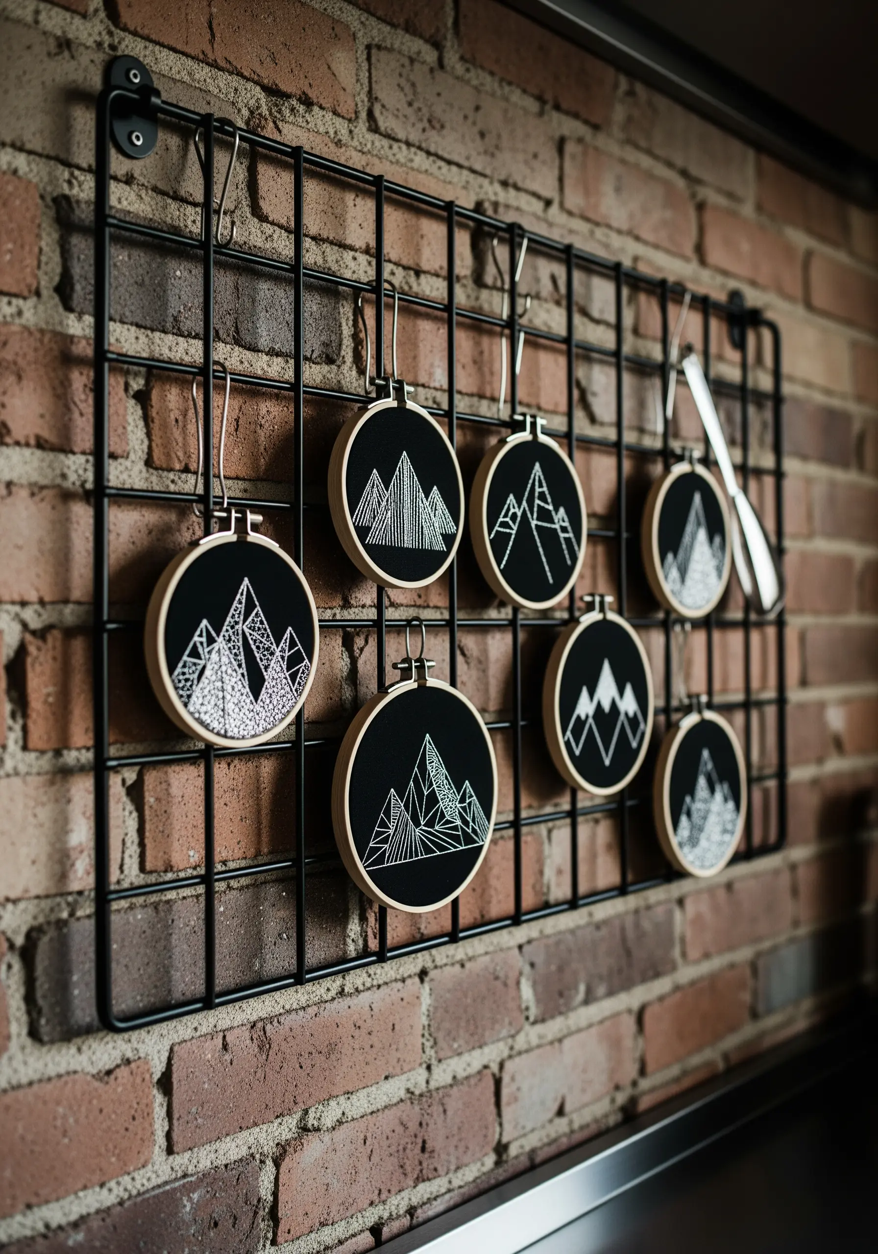 A collection of geometric mountain embroideries on black fabric hanging on a metal grid.