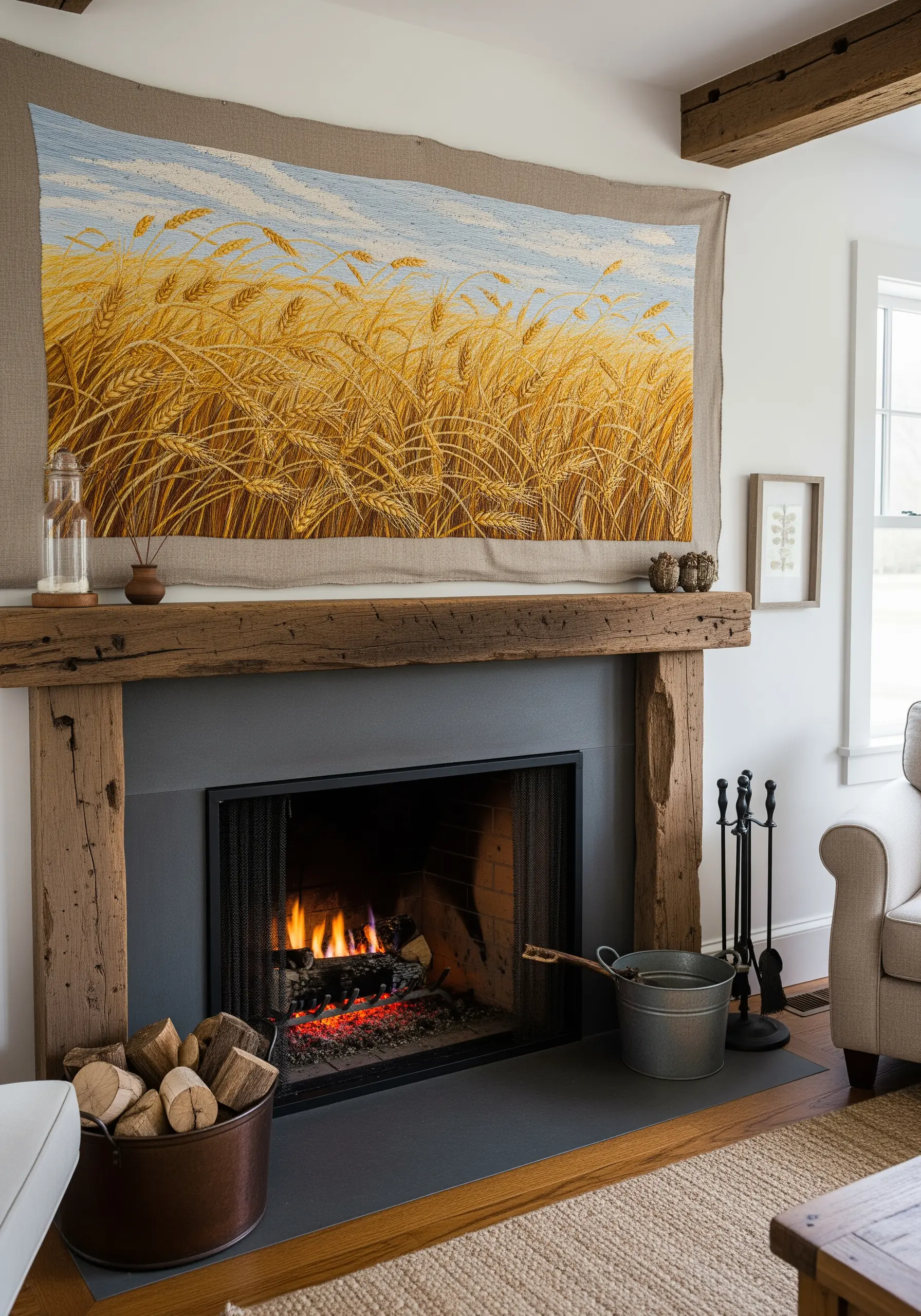 A large embroidered tapestry of a golden wheat field hanging above a fireplace.