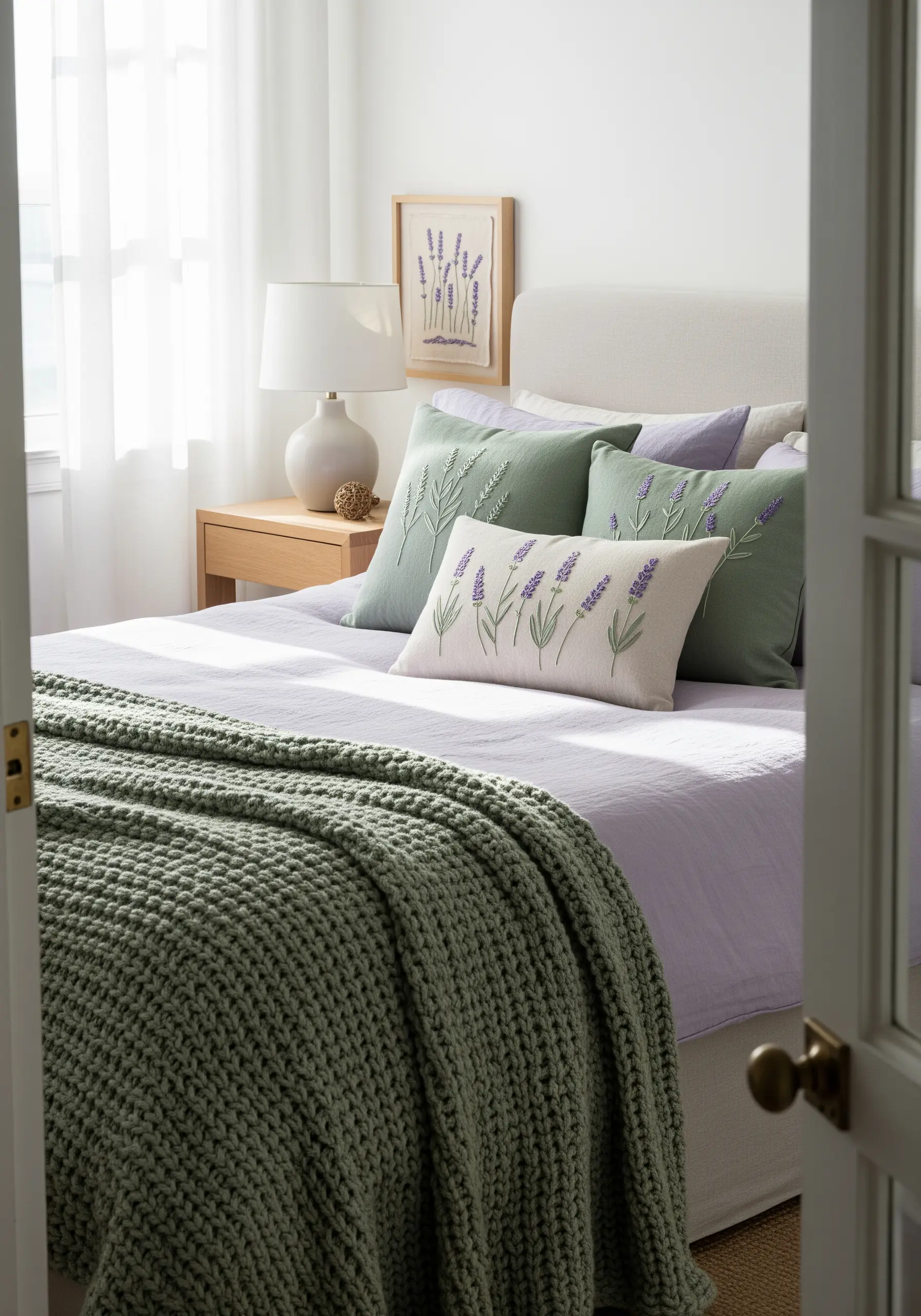 Embroidered lavender sprigs on sage green and cream-colored pillows in a bright bedroom