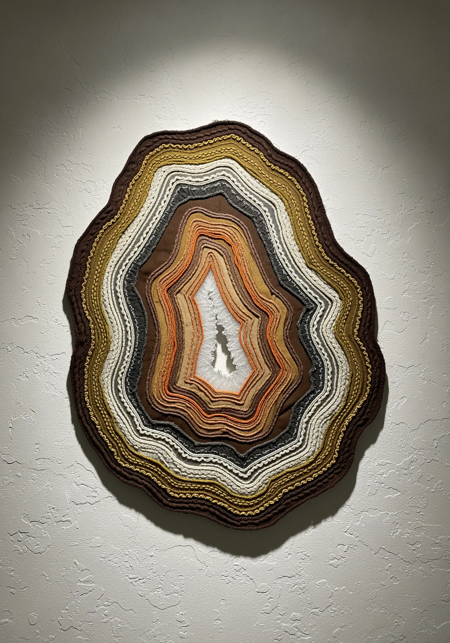 A textile art piece shaped like a geode slice, with layered fabrics and stitches.