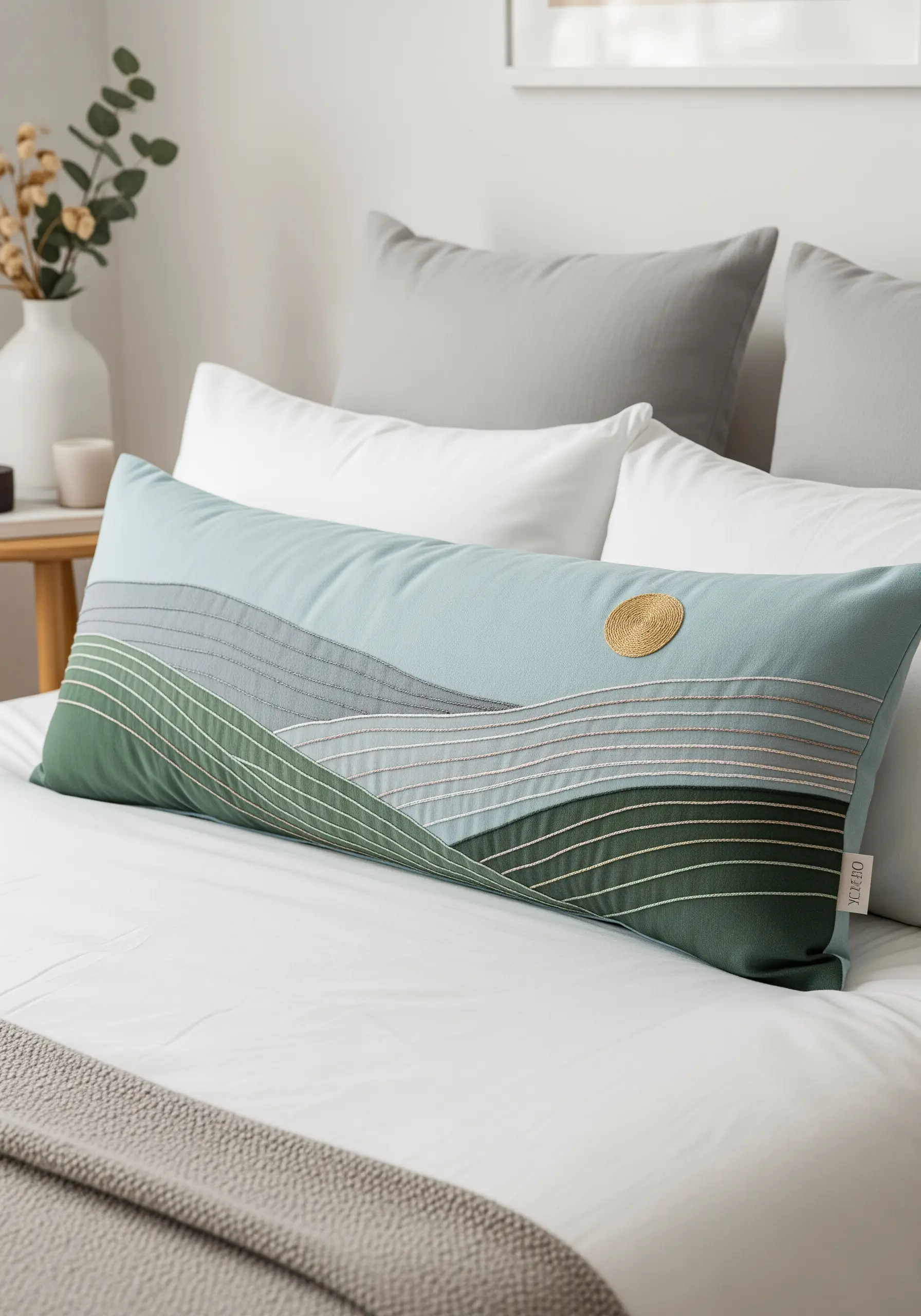 A long pillow with an appliquéd and embroidered landscape of green hills and a gold sun.