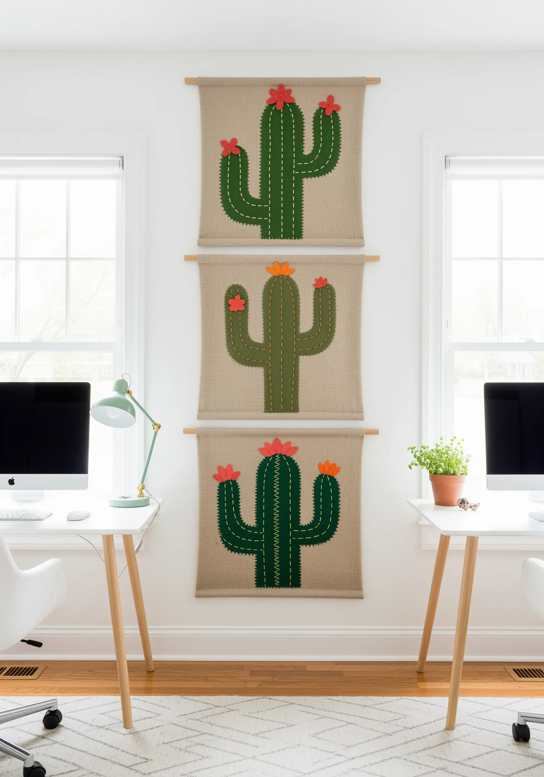 A trio of wall hangings, each with a felt appliqué cactus decorated with embroidery.