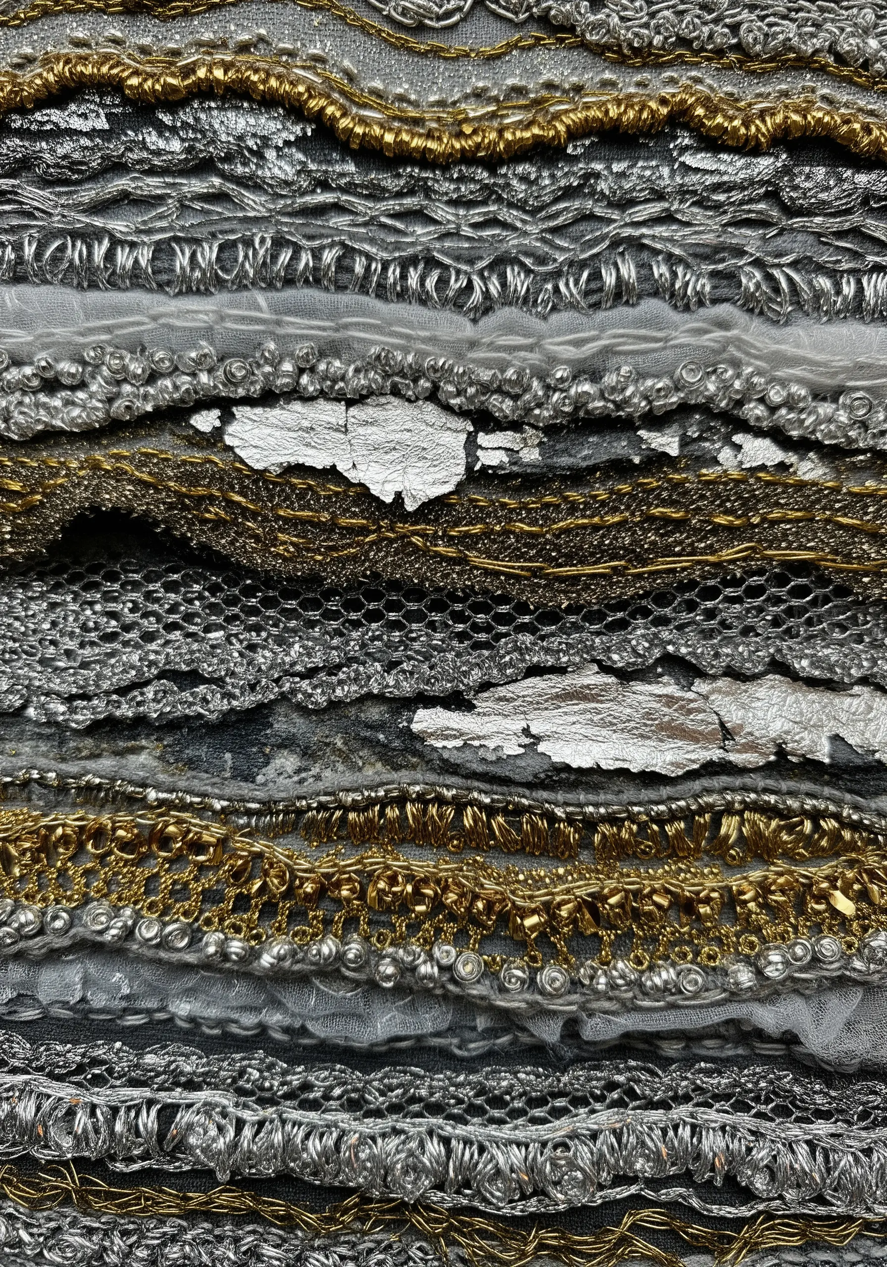 A highly textured abstract piece with layered silver and gold fabrics, threads, and metallic elements.