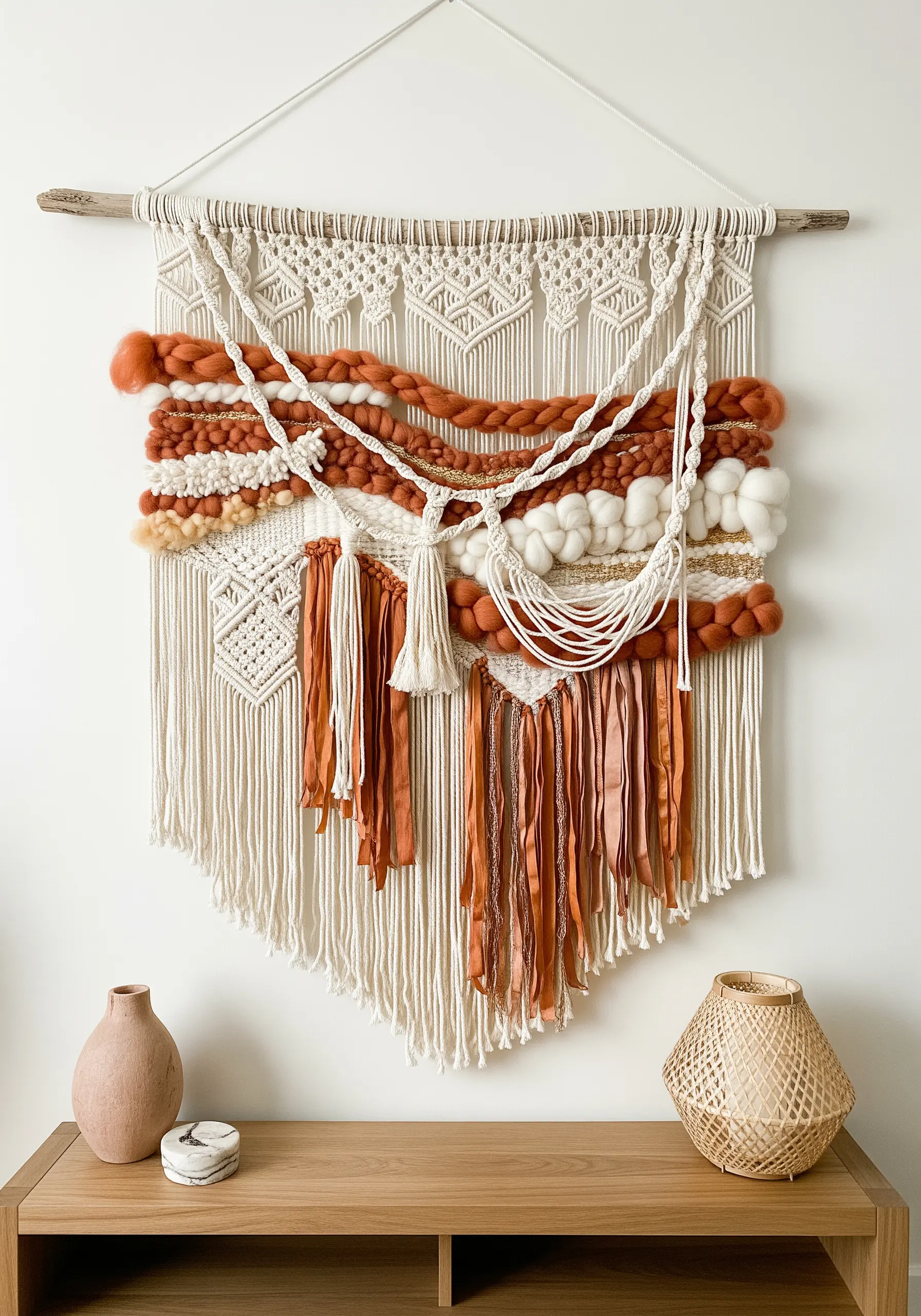Macrame wall hanging with chunky orange wool roving, cream cord, and satin ribbons on driftwood.