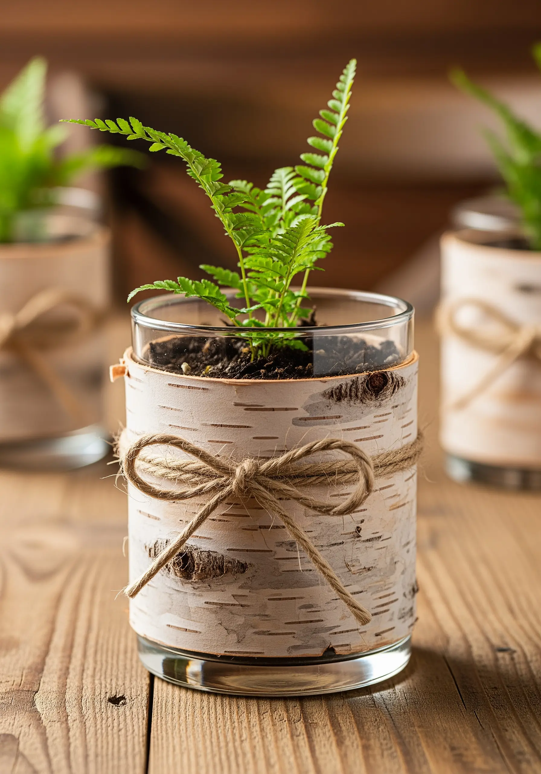 A glass tumbler wrapped in a sheet of birch bark and tied with twine, used as a fern planter.
