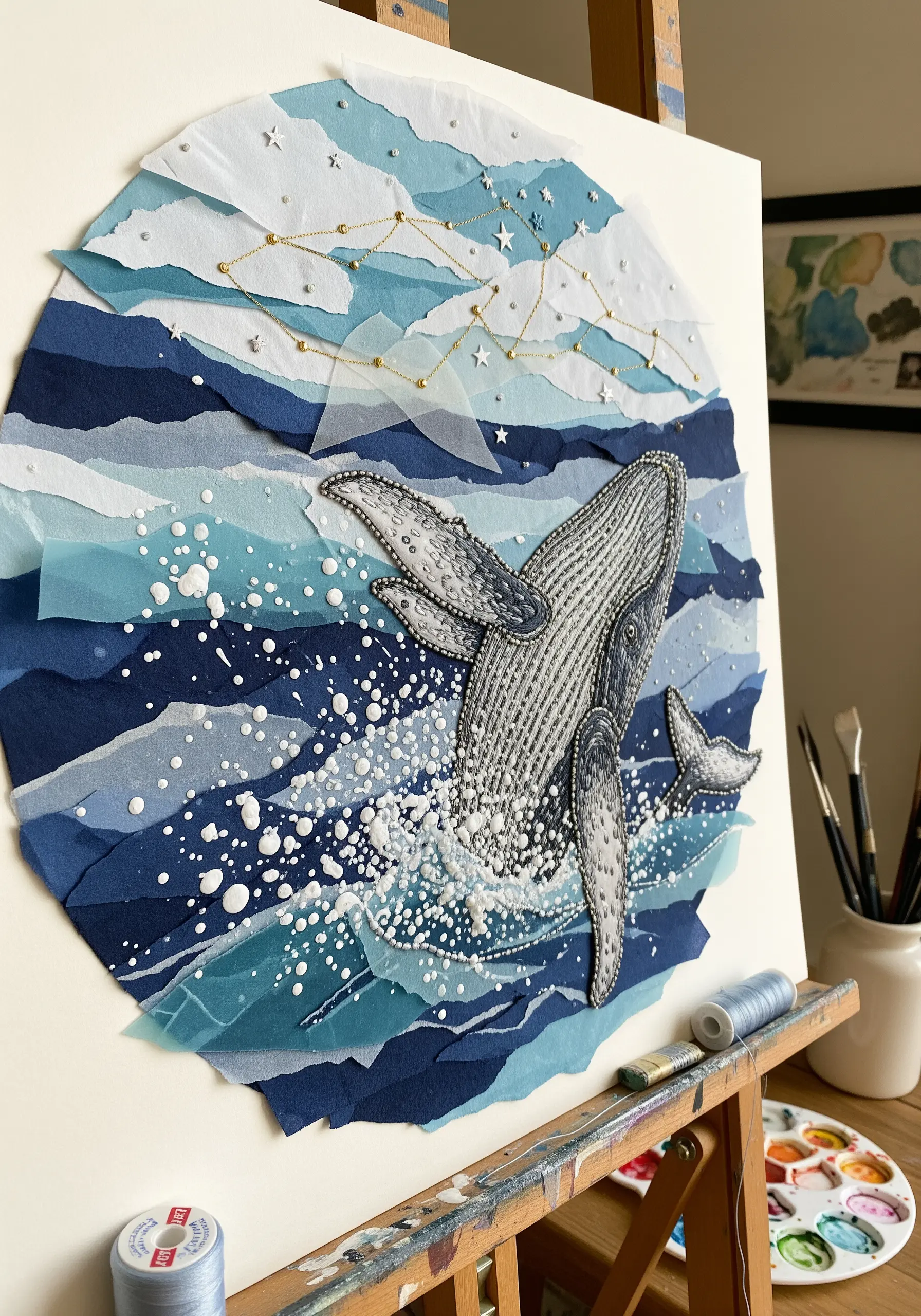 Mixed-media embroidery of a whale breaching from layered blue paper waves with gold thread constellations.