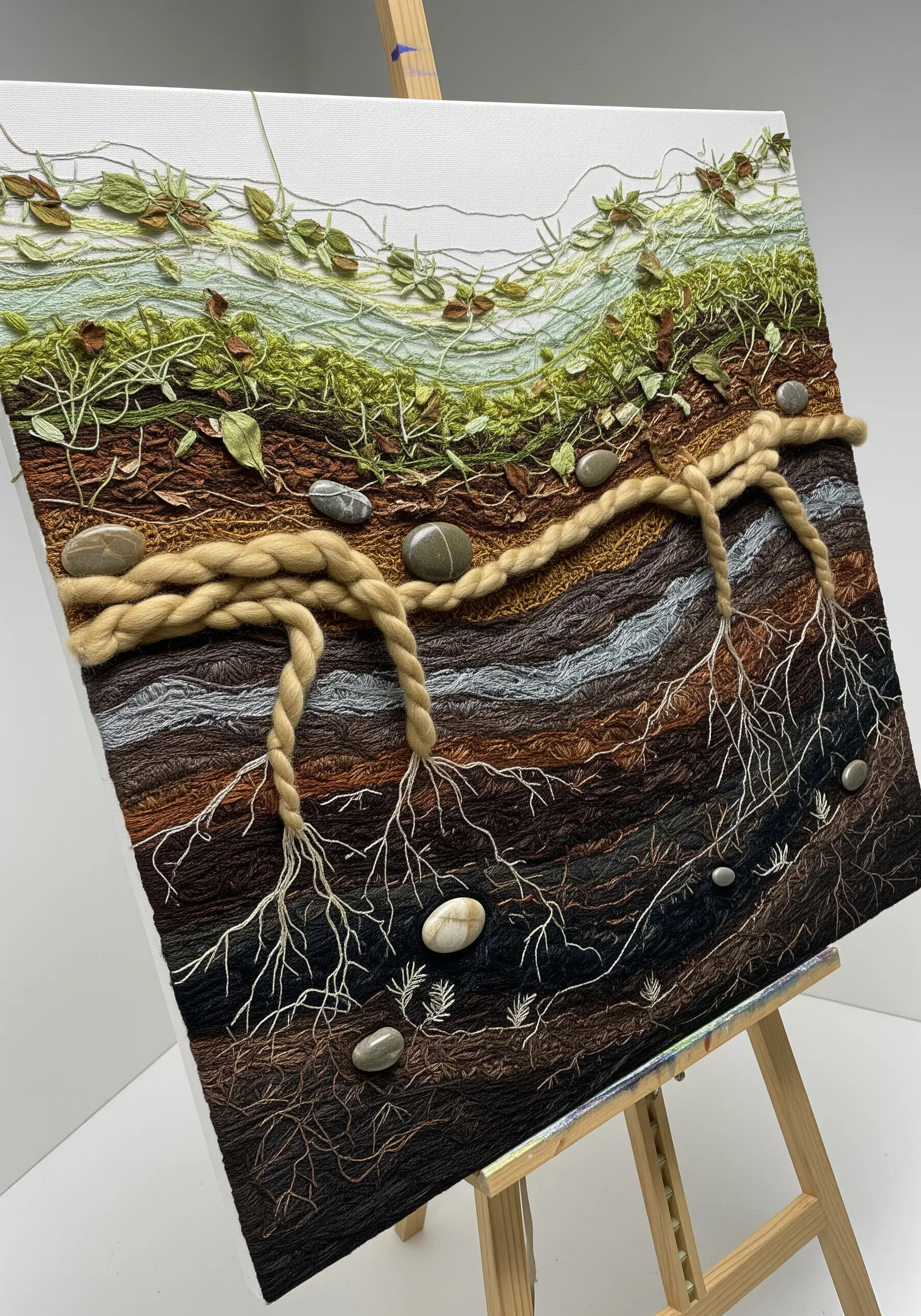 A 3D embroidery canvas showing a cross-section of soil with roots, grass, and stones.