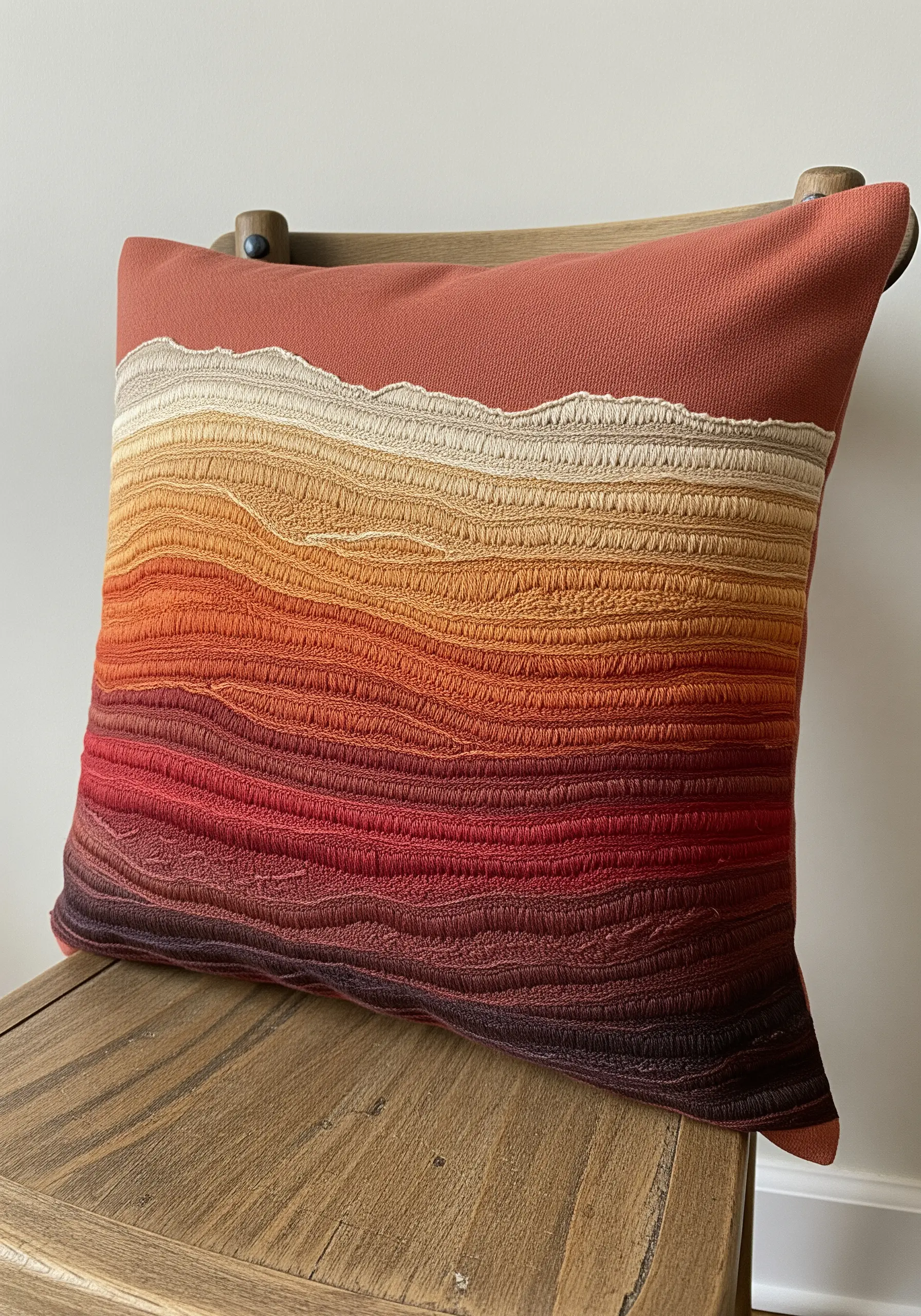 An abstract landscape with horizontal bands of textured stitches in a sunset gradient.