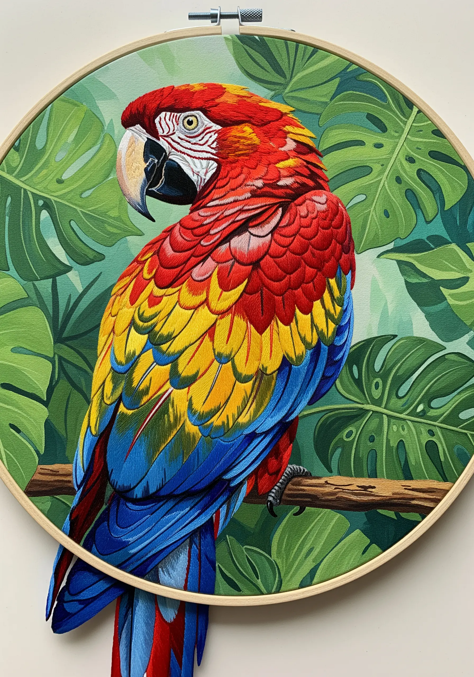 A thread-painted scarlet macaw in an embroidery hoop with a painted green leaf background.