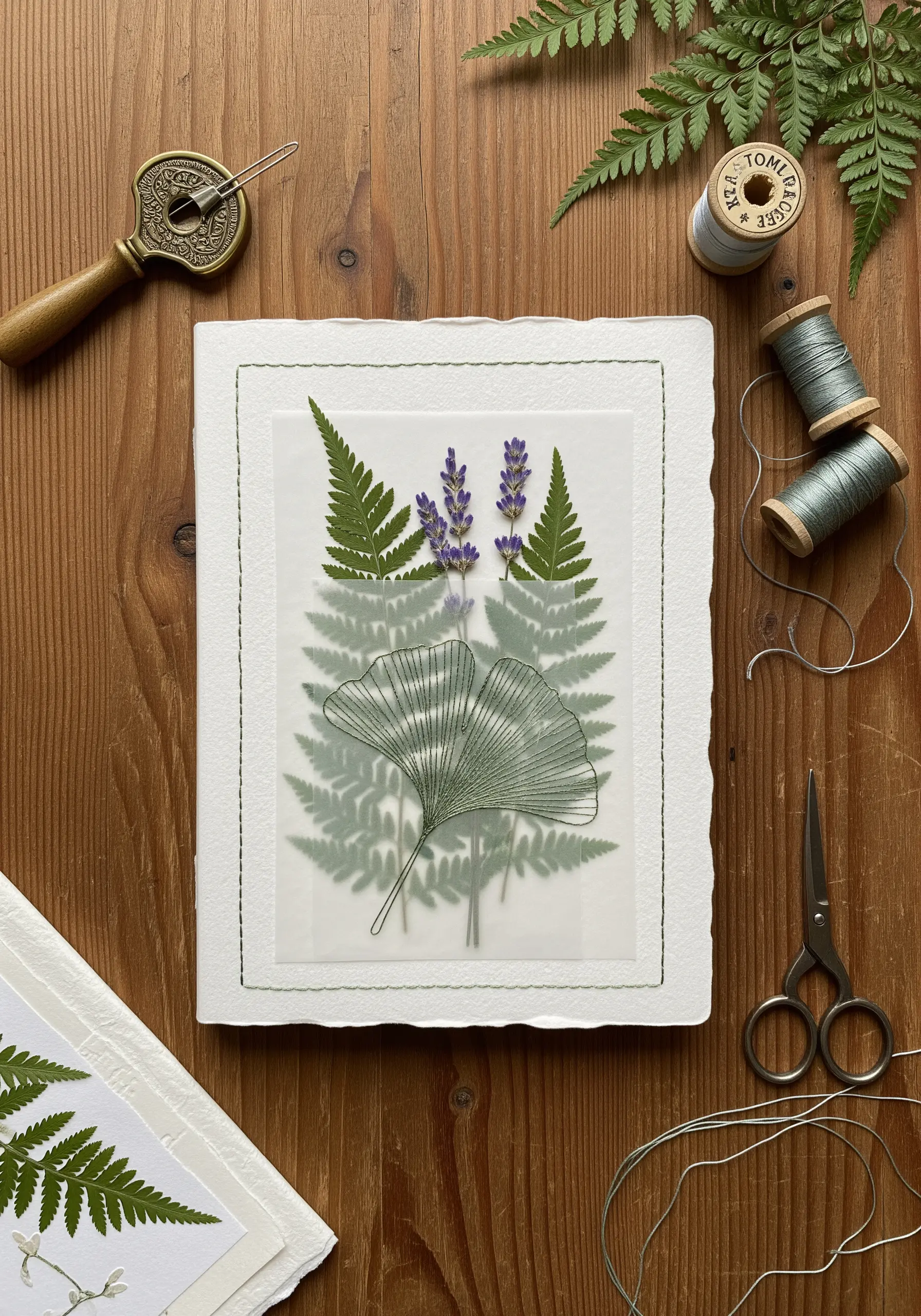 Pressed ferns and lavender stitched onto a journal cover beneath a layer of vellum.