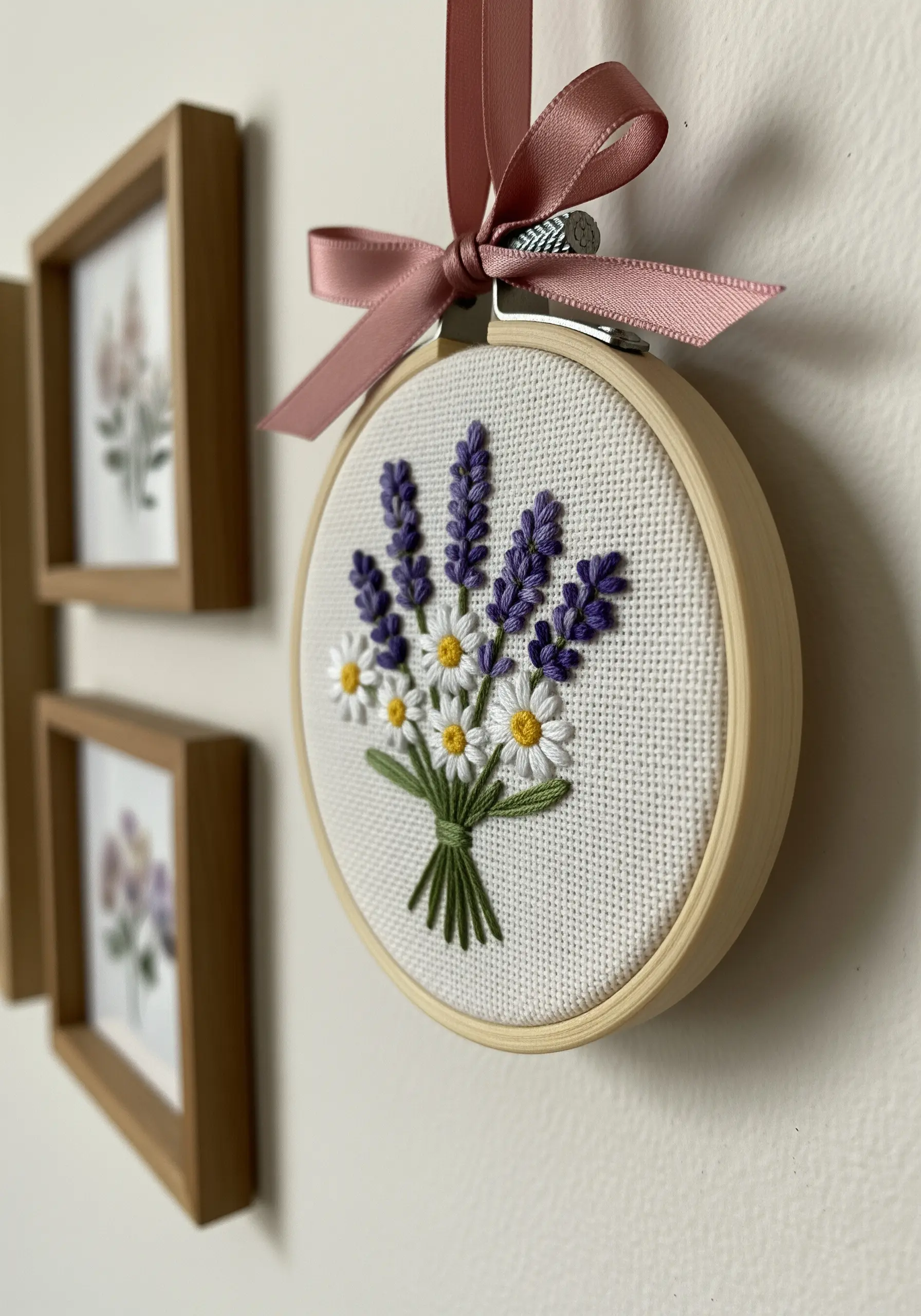 A small embroidery hoop with a bouquet of lavender and daisies hanging on a wall.