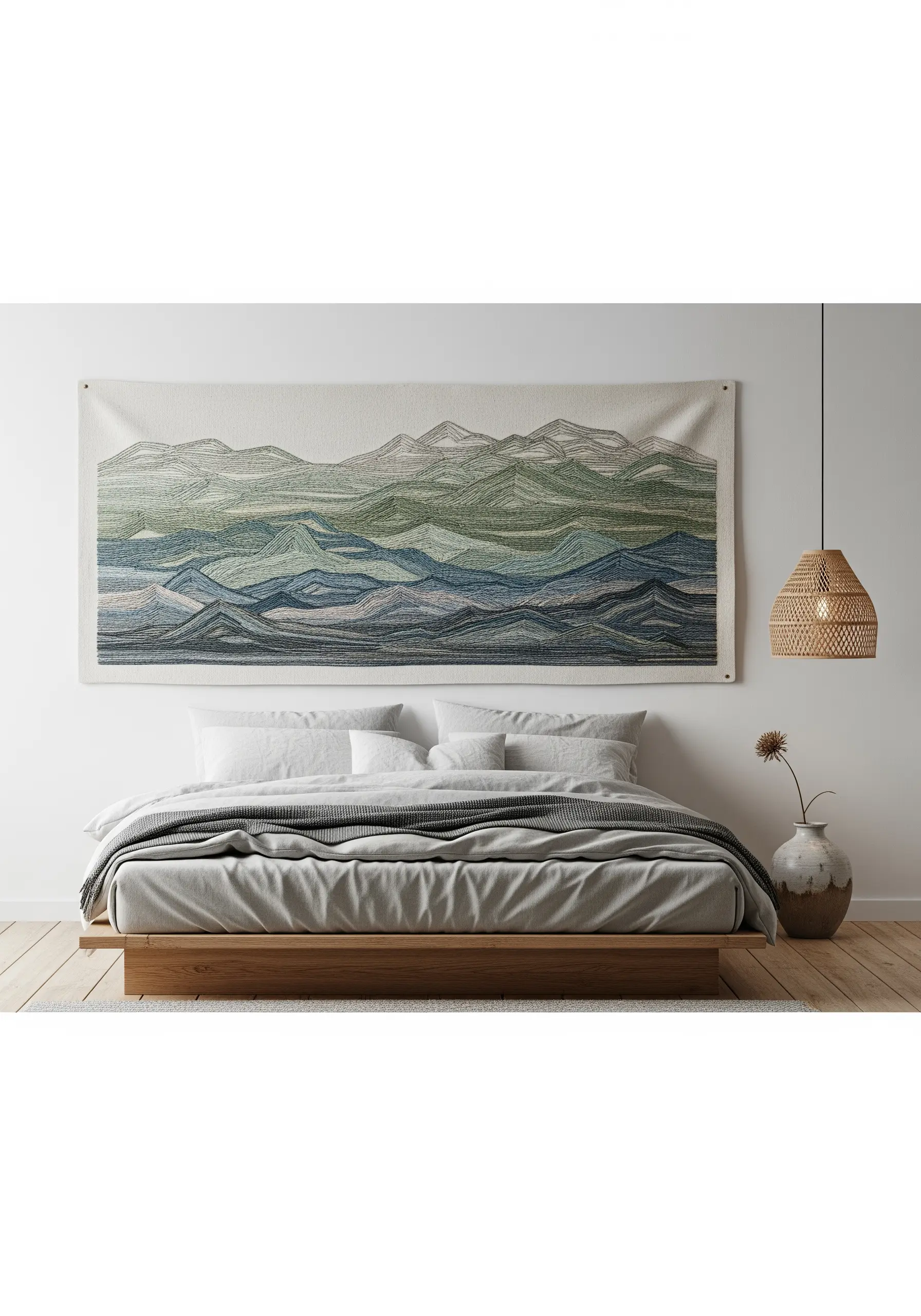 Large embroidered wall tapestry of a mountain landscape in muted greens and blues.