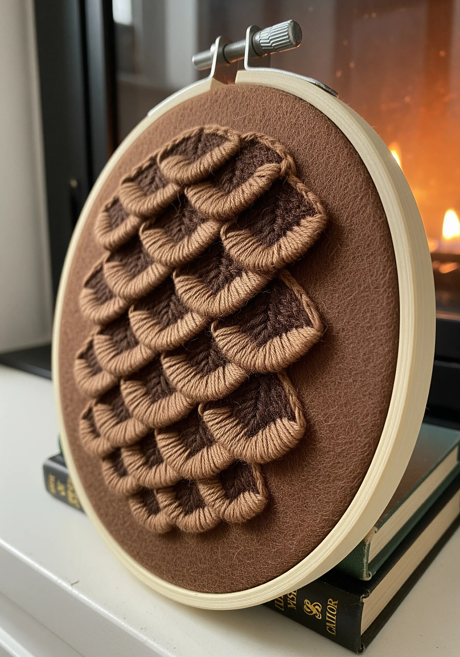 3D pinecone embroidery with layered, detached buttonhole stitch scales in brown tones.