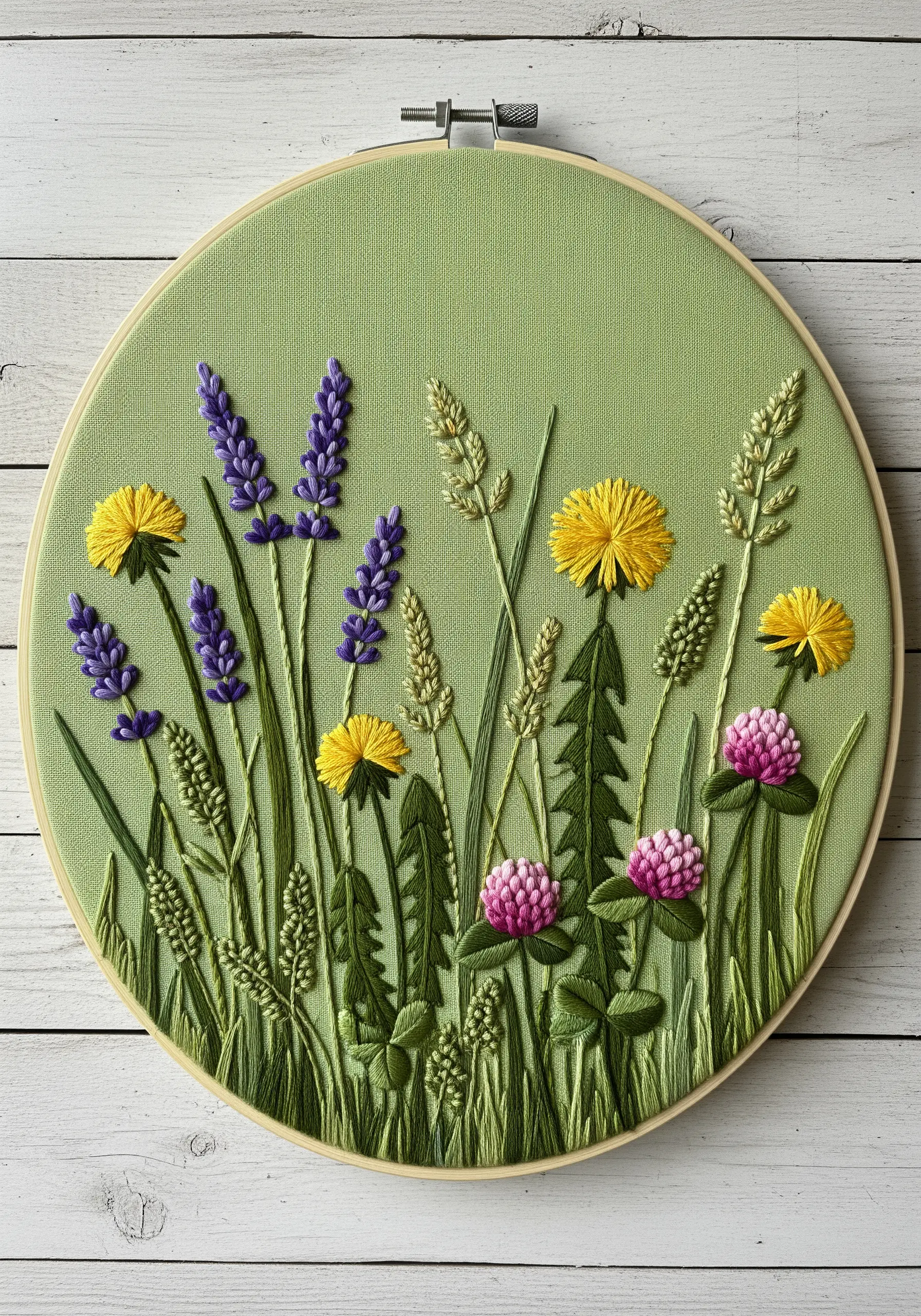 Embroidery hoop of a wildflower meadow with lavender, dandelions, and clover.