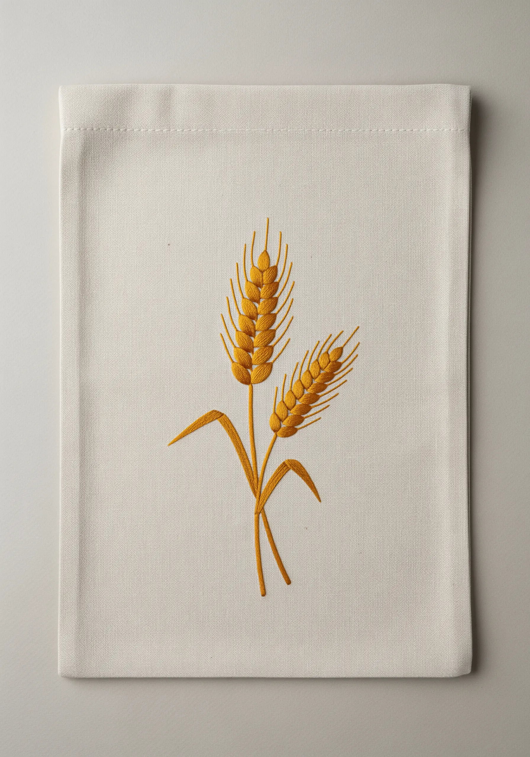 Two golden wheat stalks embroidered with detailed texture on a canvas pouch.