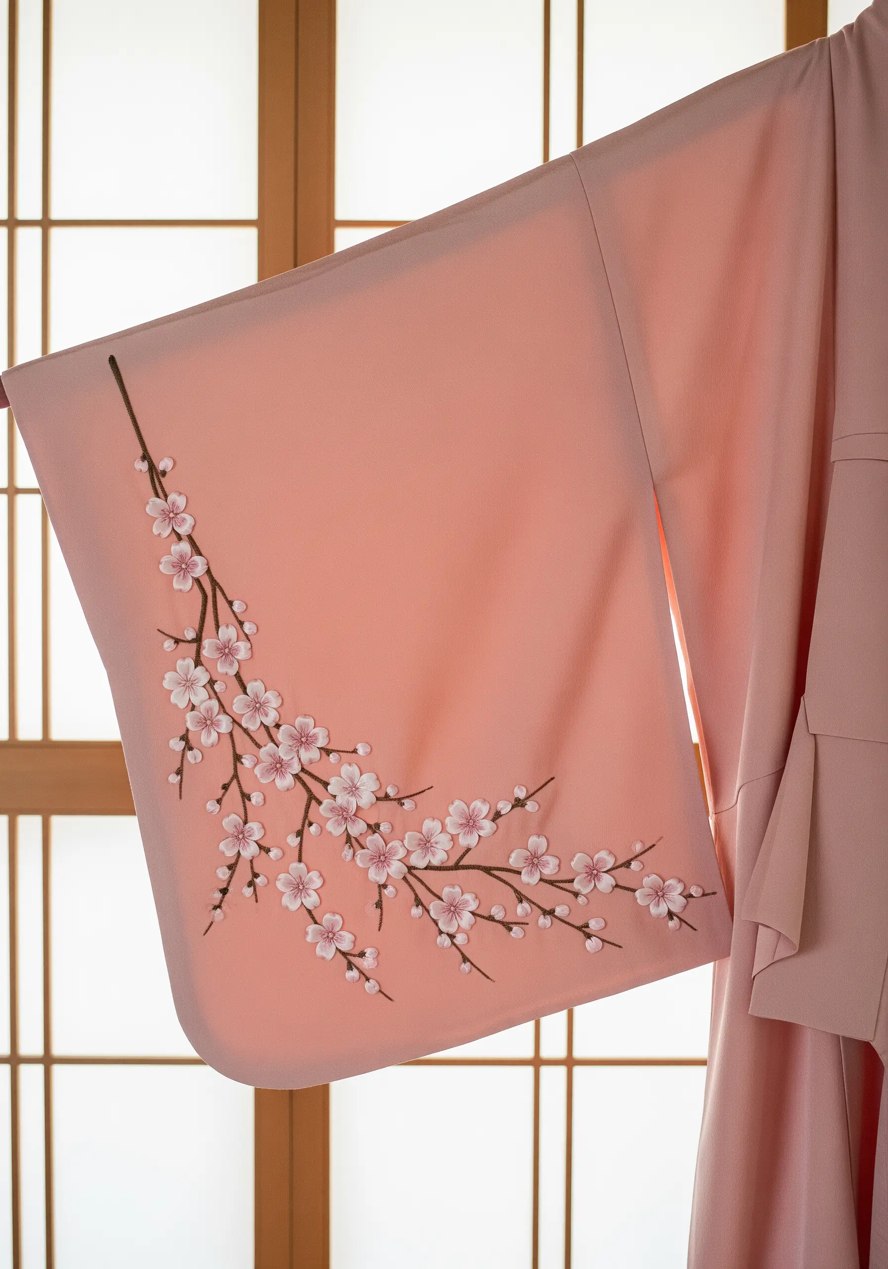 Asymmetrical cherry blossom branch embroidered on the sleeve of a pink kimono-style garment