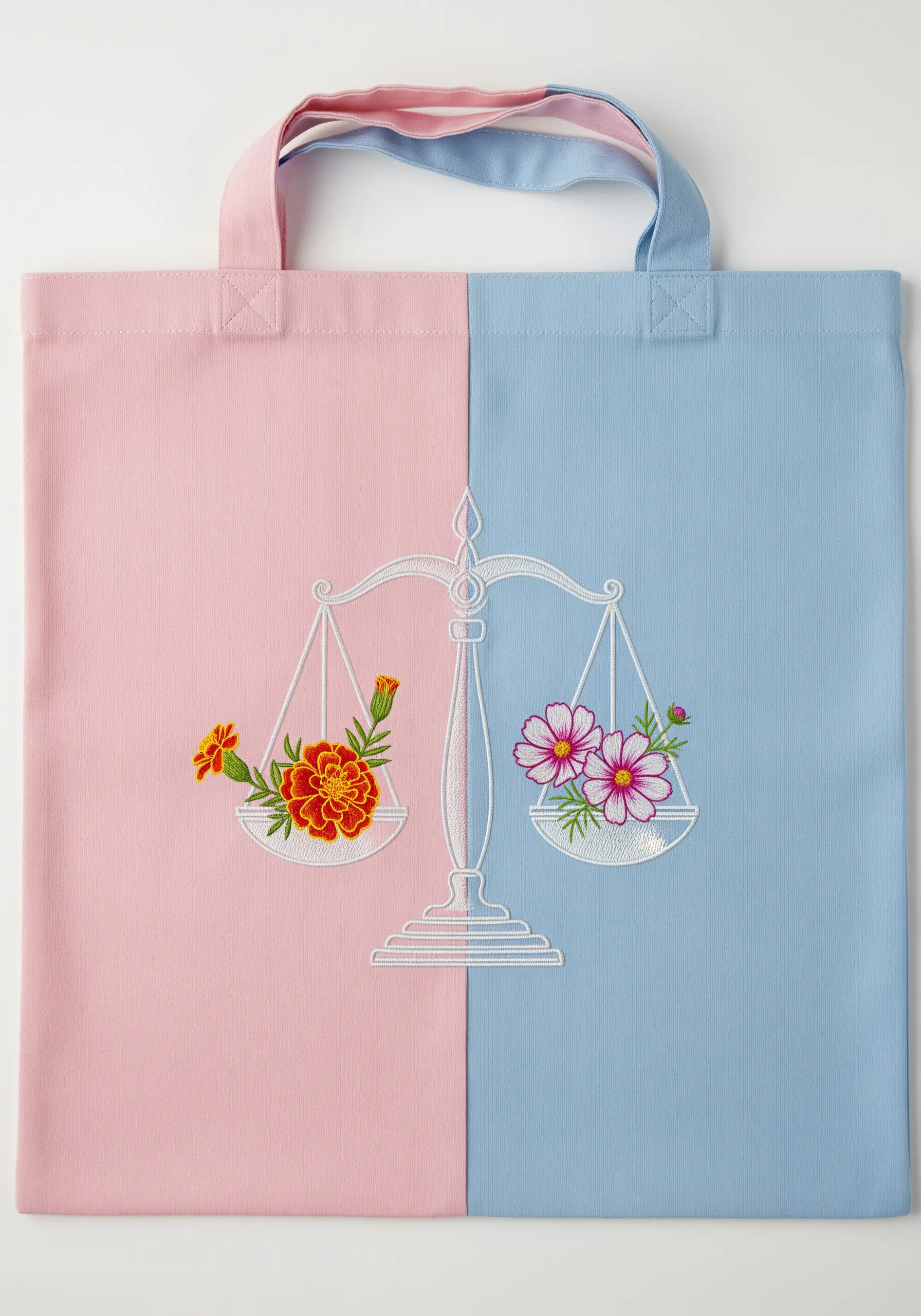 White embroidered Libra scales on a split pink and blue tote, with colorful flowers on each side.
