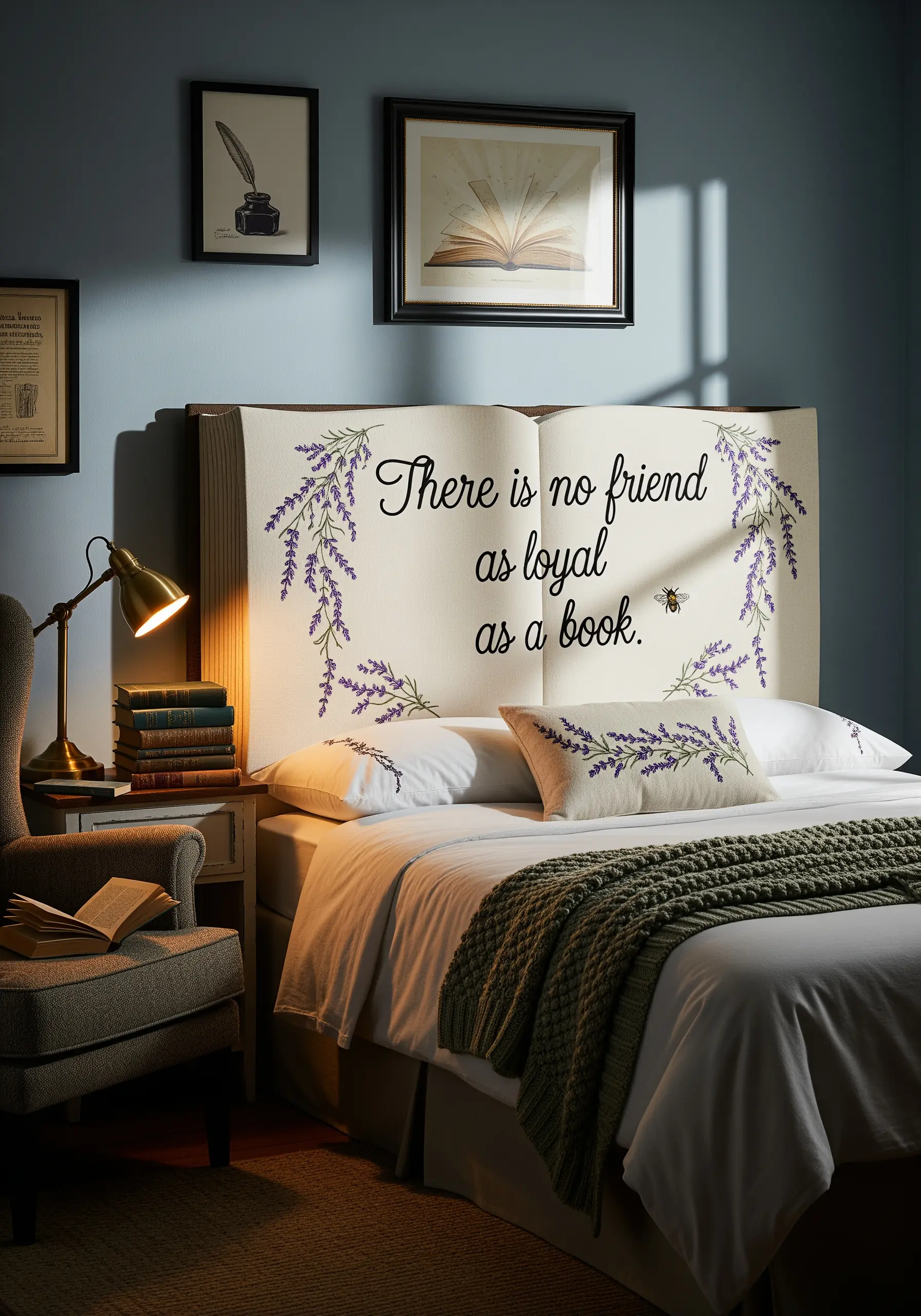 An open-book shaped headboard with an embroidered quote framed by lavender sprigs.