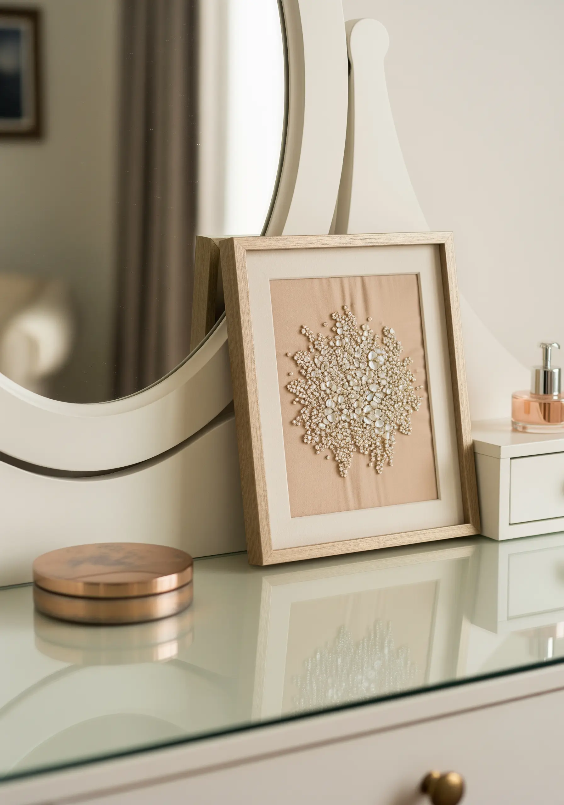 A framed snowflake medallion created with opalescent beads, pearls, and sequins on silk.