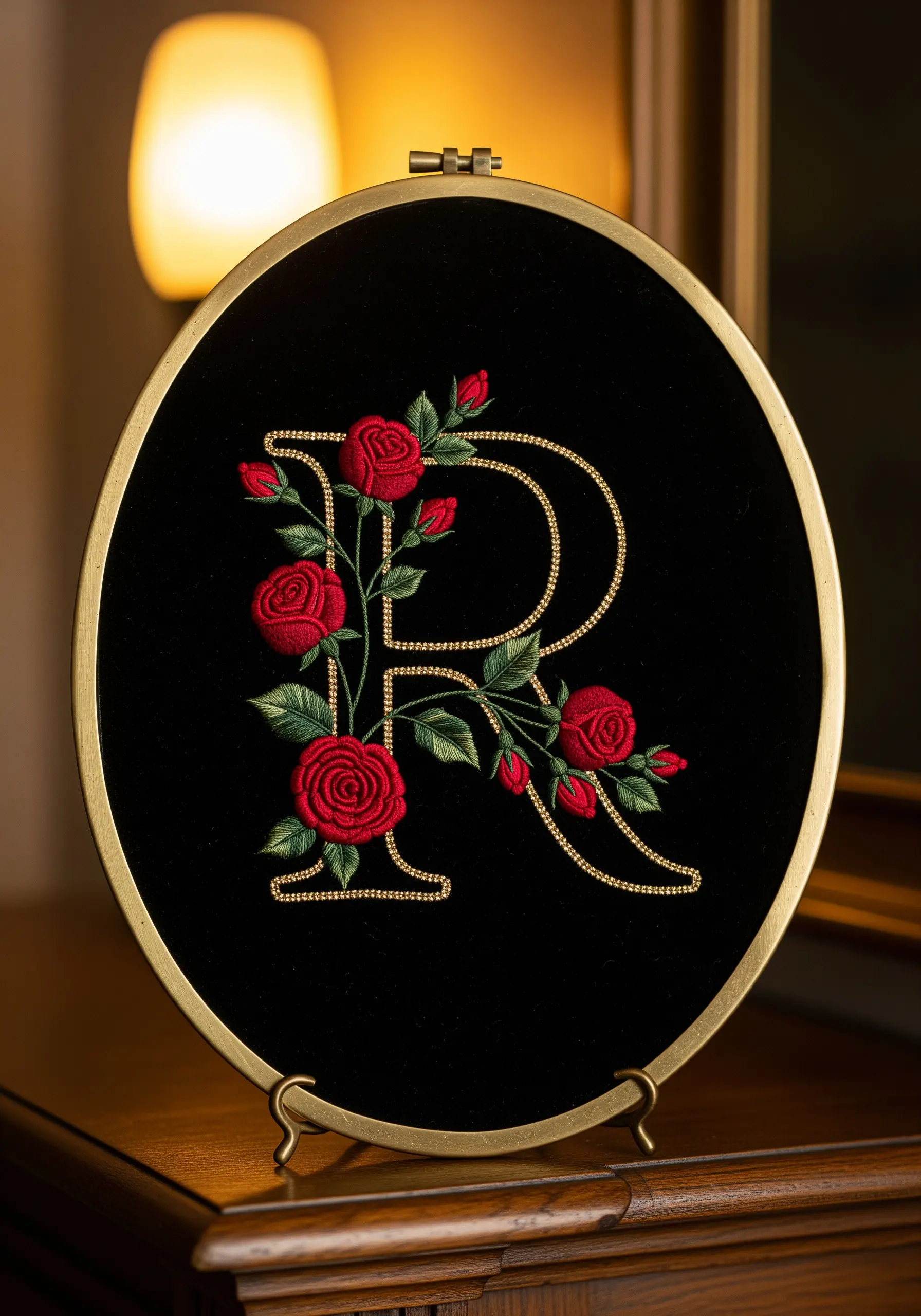 Embroidered letter R outlined in gold thread on black velvet, adorned with red roses.