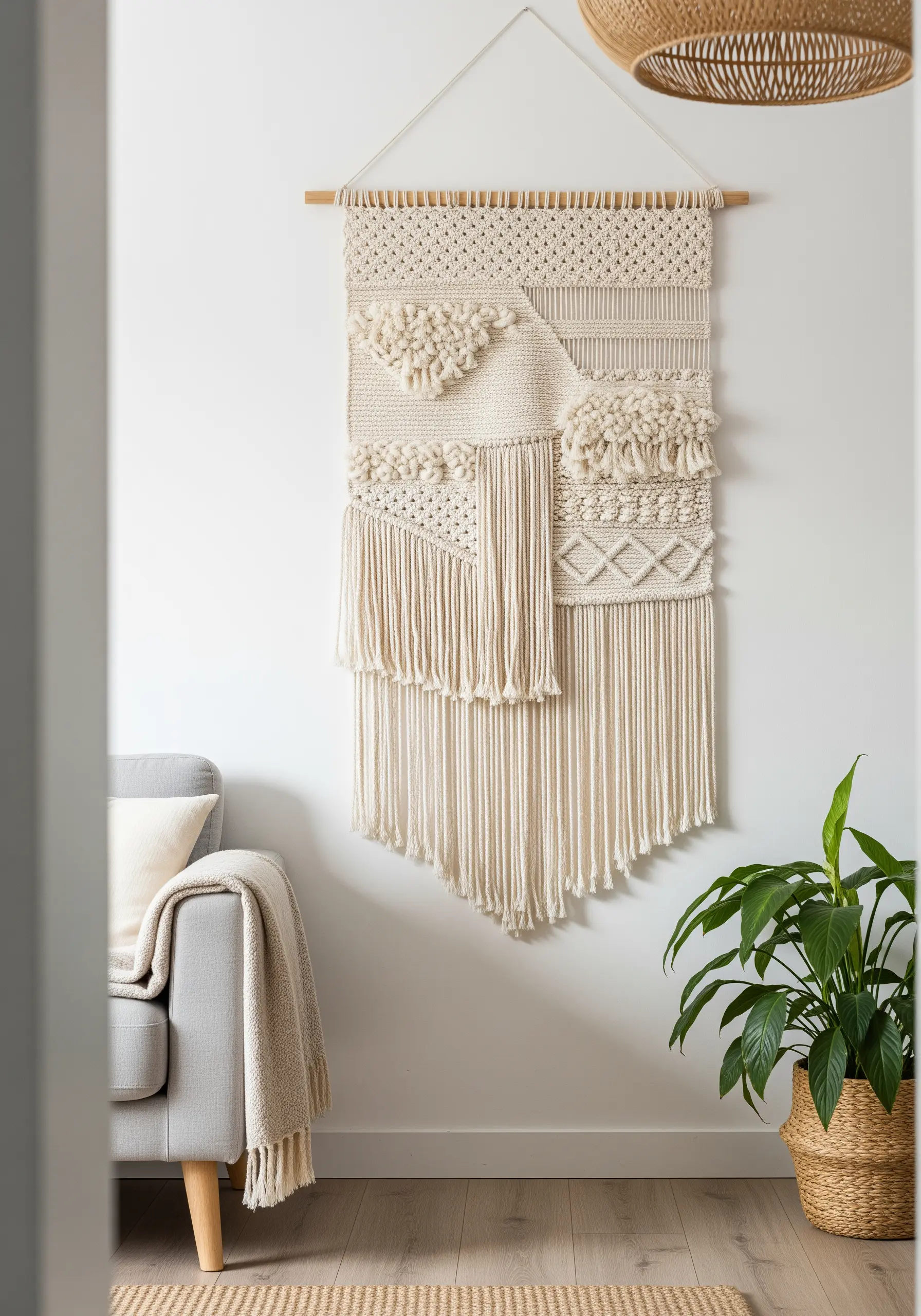 A large, neutral-toned macrame wall hanging with various knots and long fringe.