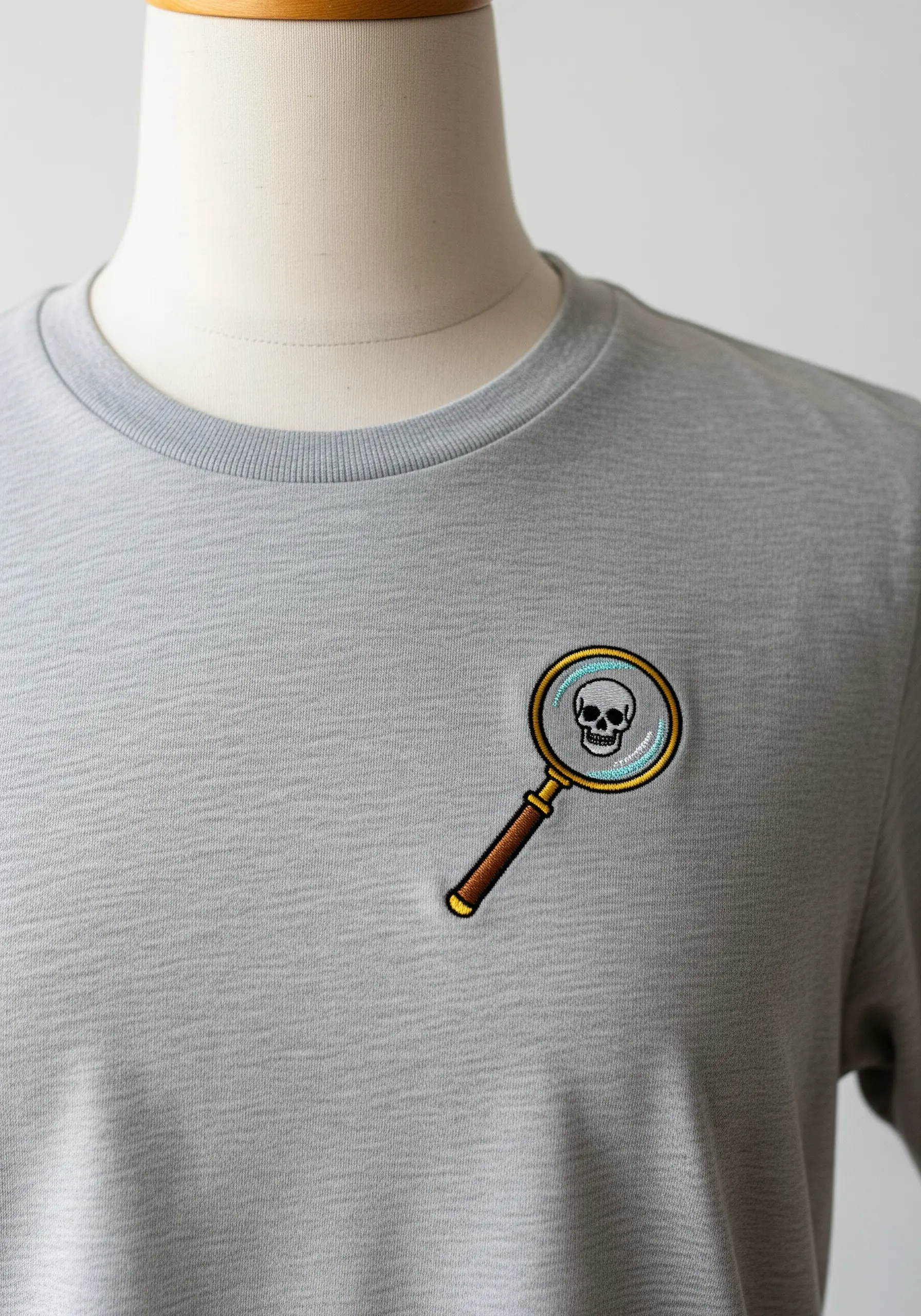 A small embroidered magnifying glass on a gray t-shirt, revealing a tiny skull underneath the lens.