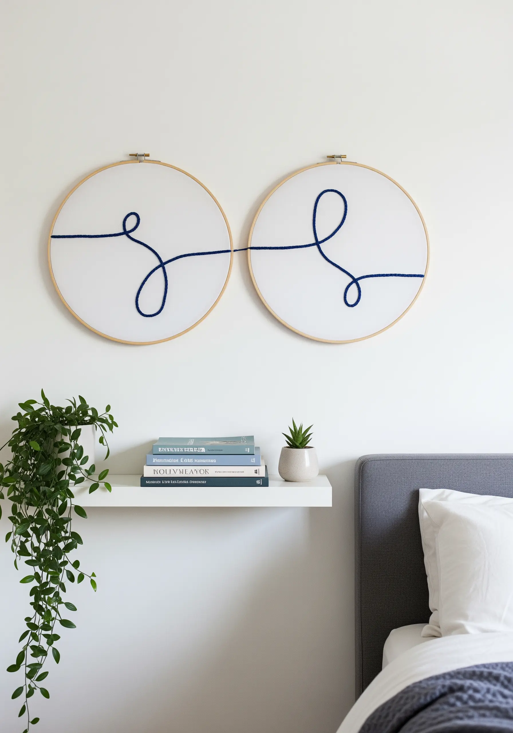 A thick, abstract blue yarn line couched across two separate embroidery hoops.
