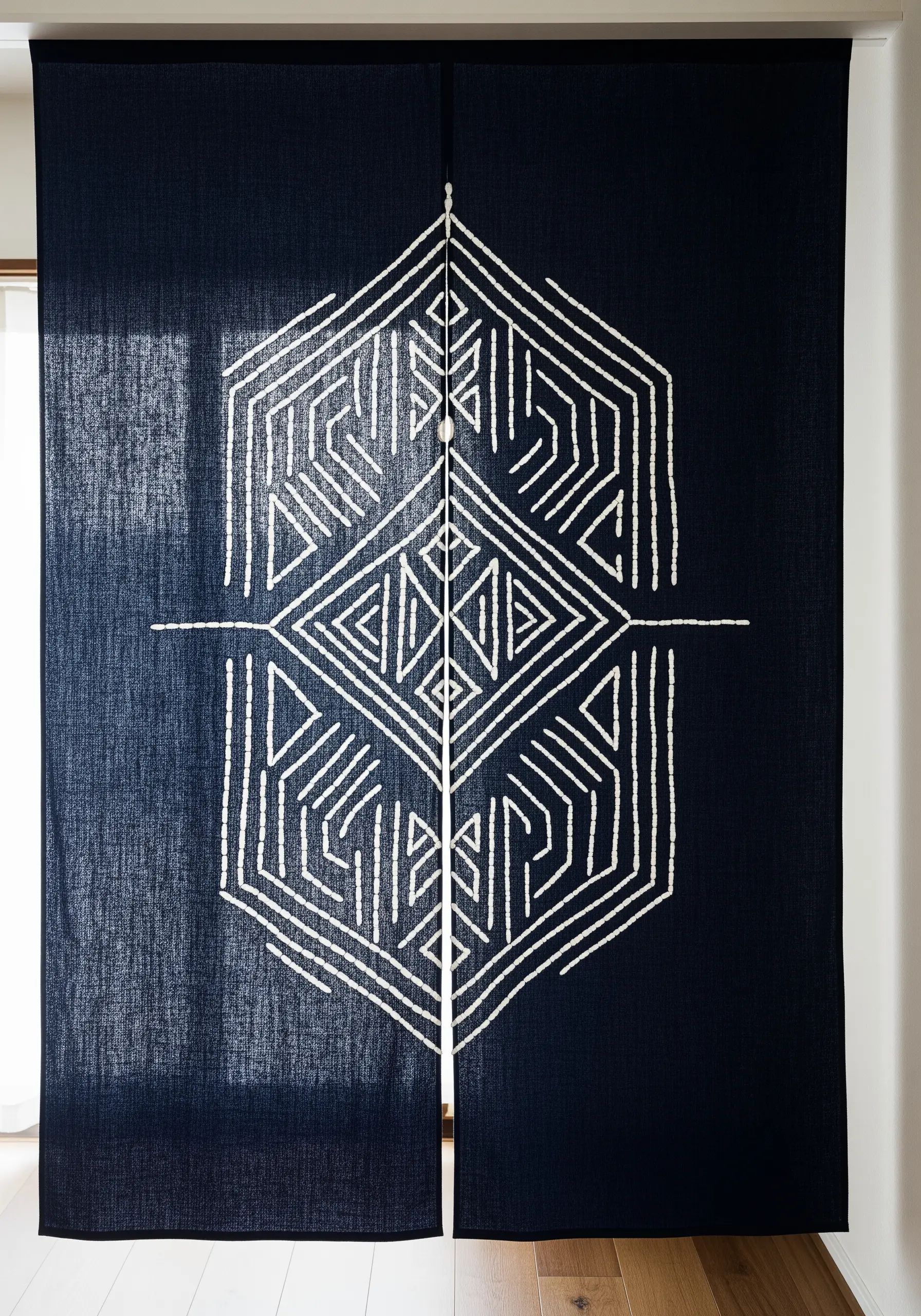 A dark navy fabric curtain with a large, symmetrical geometric pattern stitched in thick white yarn.