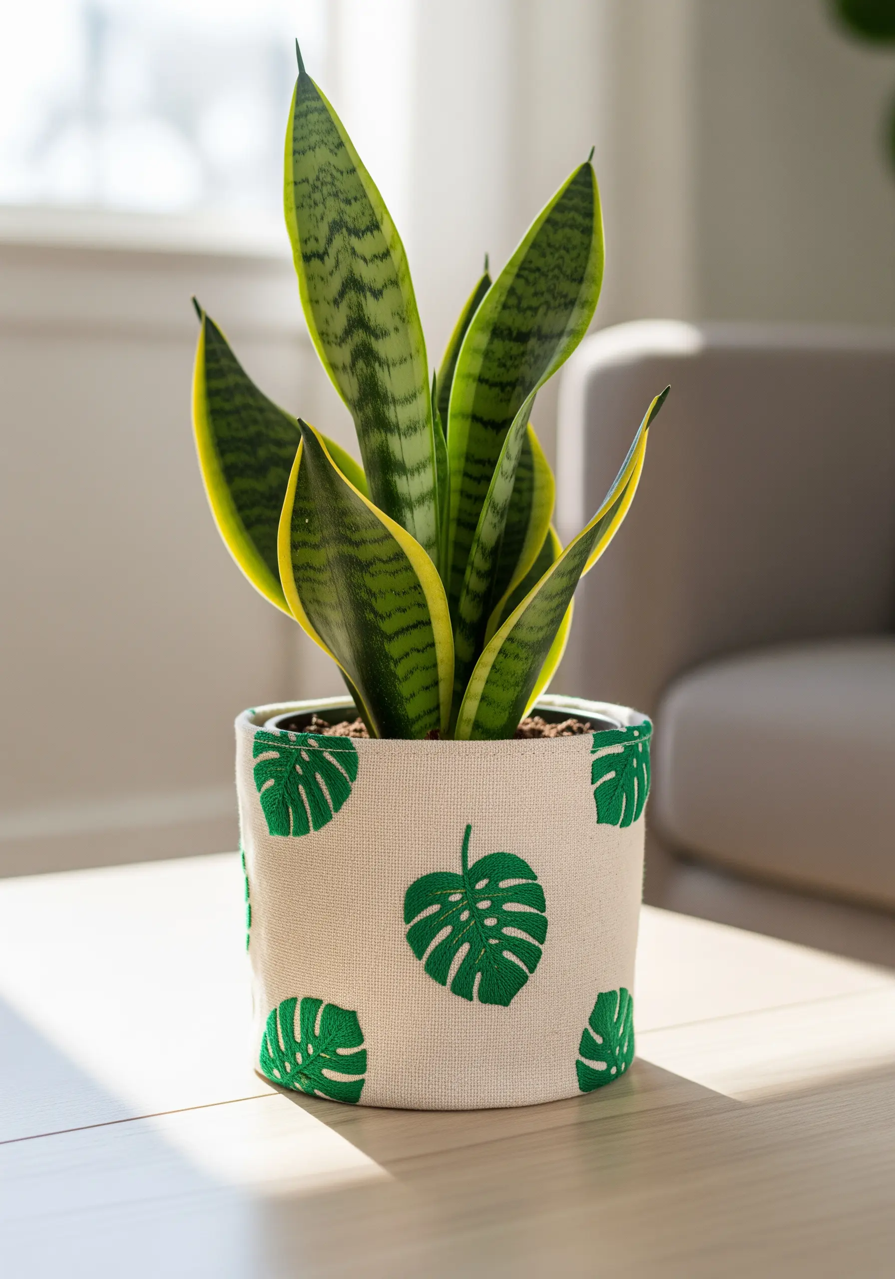 A fabric plant pot cover embroidered with a bold pattern of green monstera leaves.