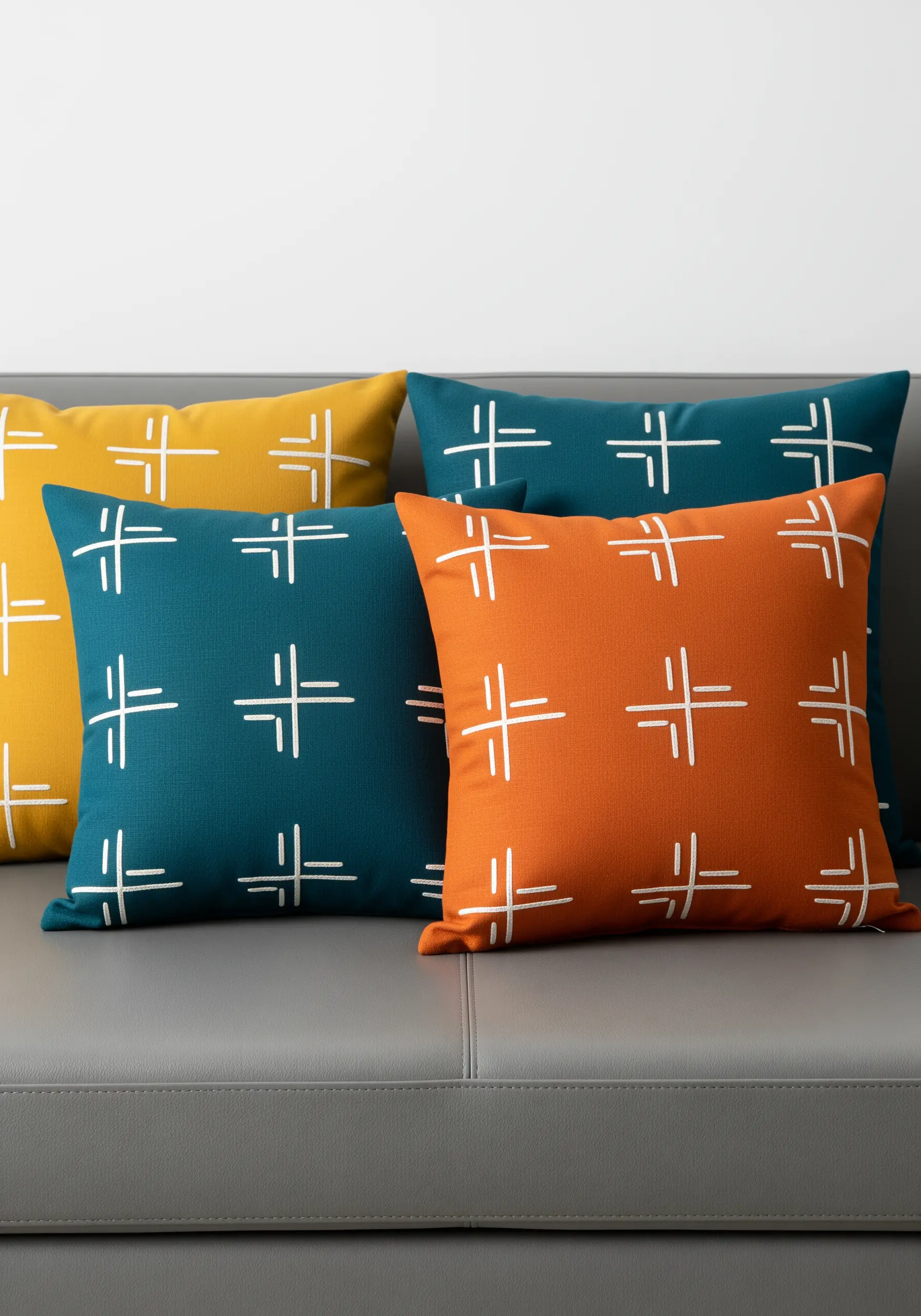 Modern cushions in teal, yellow, and orange with a repeating white geometric line pattern.