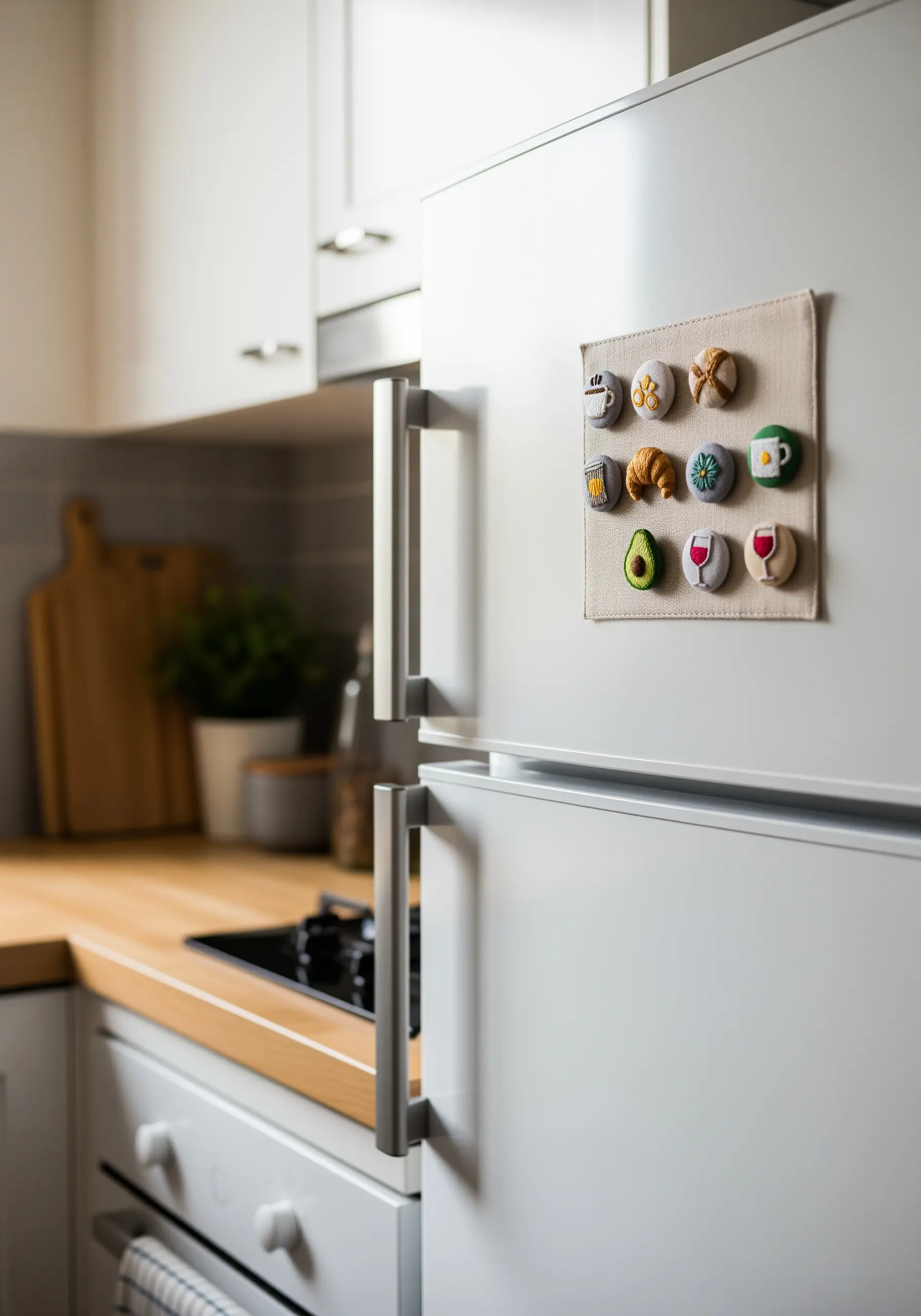 A set of nine tiny, three-dimensional embroidered food and drink magnets on a refrigerator.