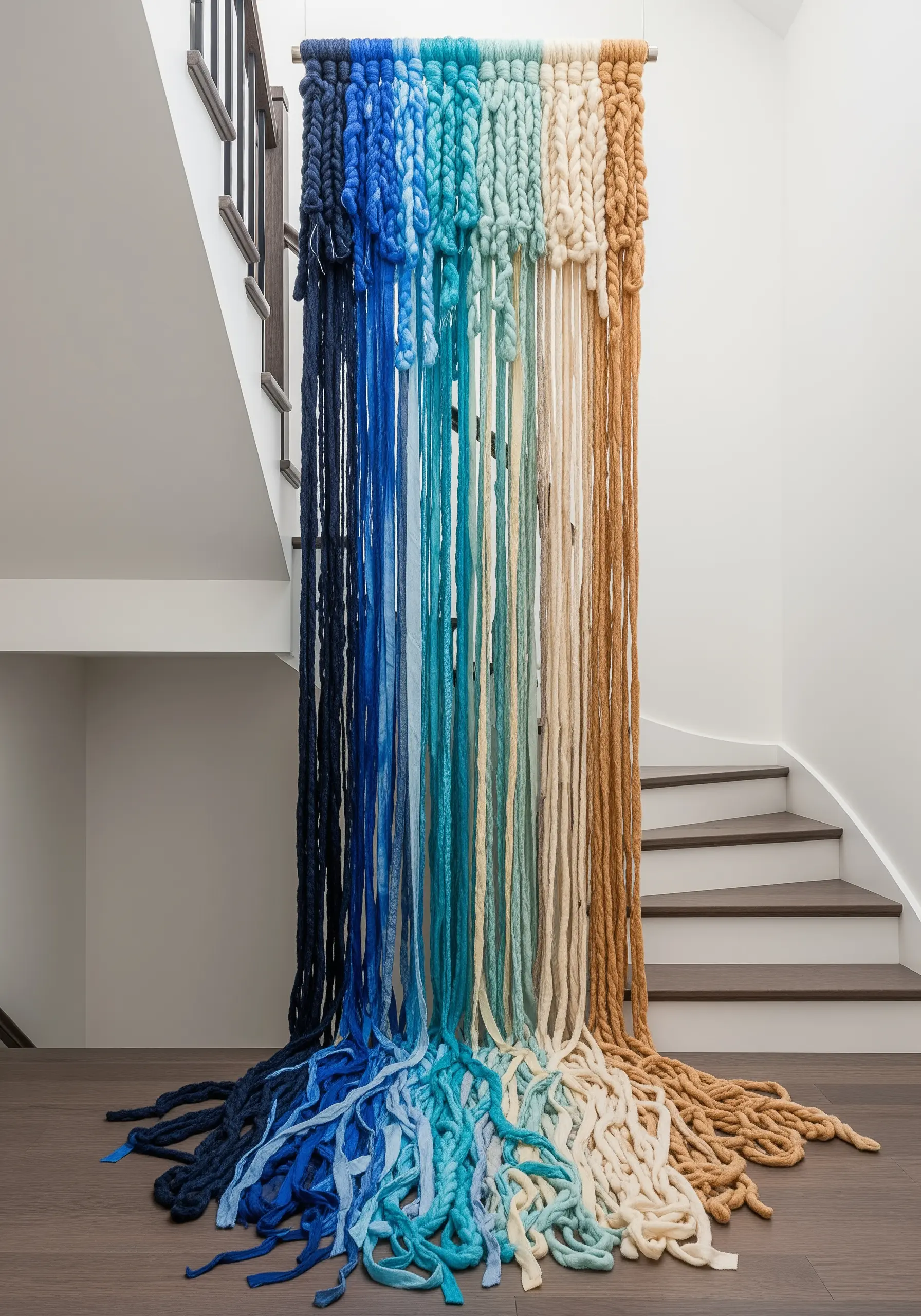 A large, floor-to-ceiling fiber art installation with draping yarns and fabrics in a blue-to-brown gradient.