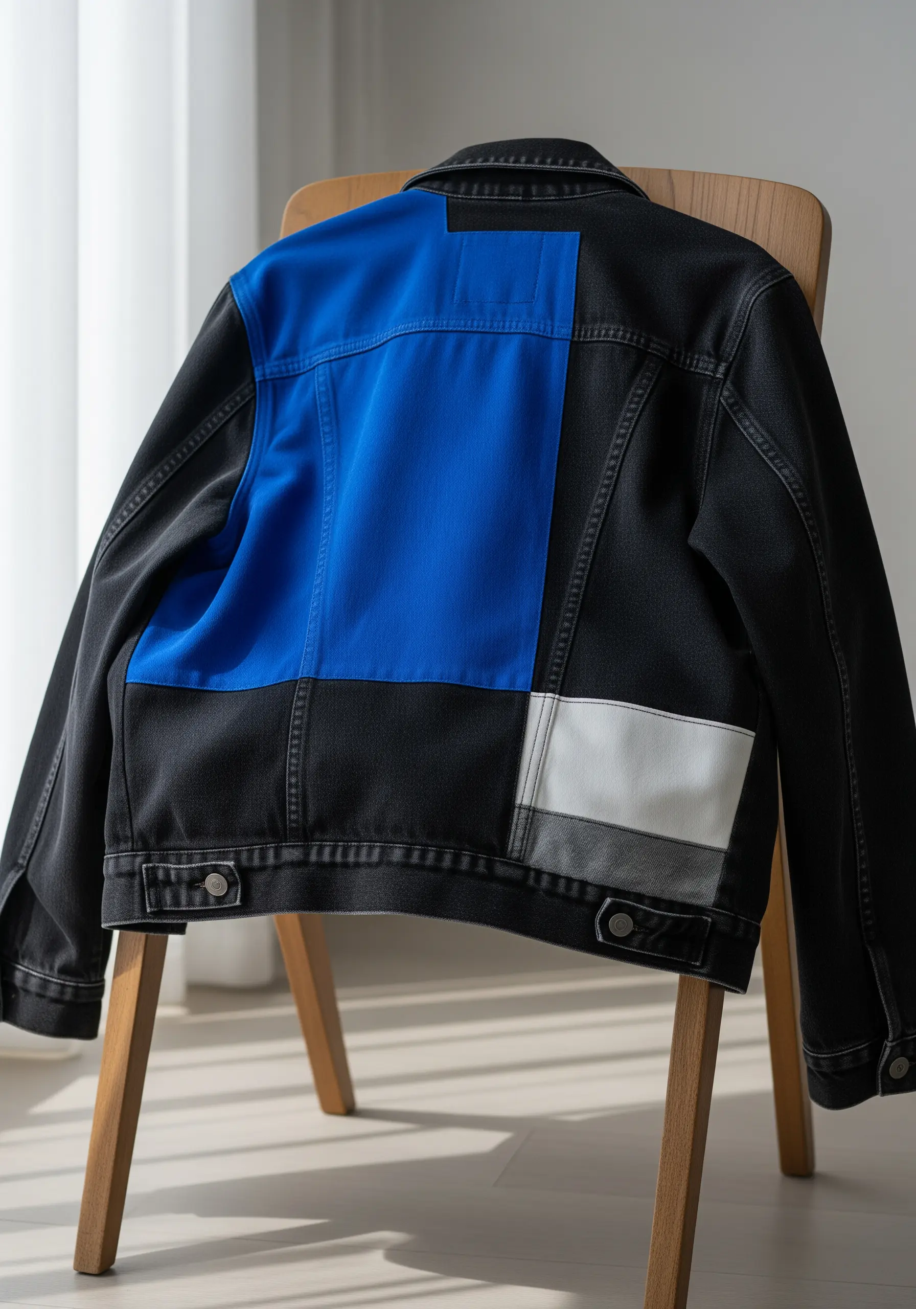Large, asymmetrical color blocks in blue, white, and grey on a black denim jacket.