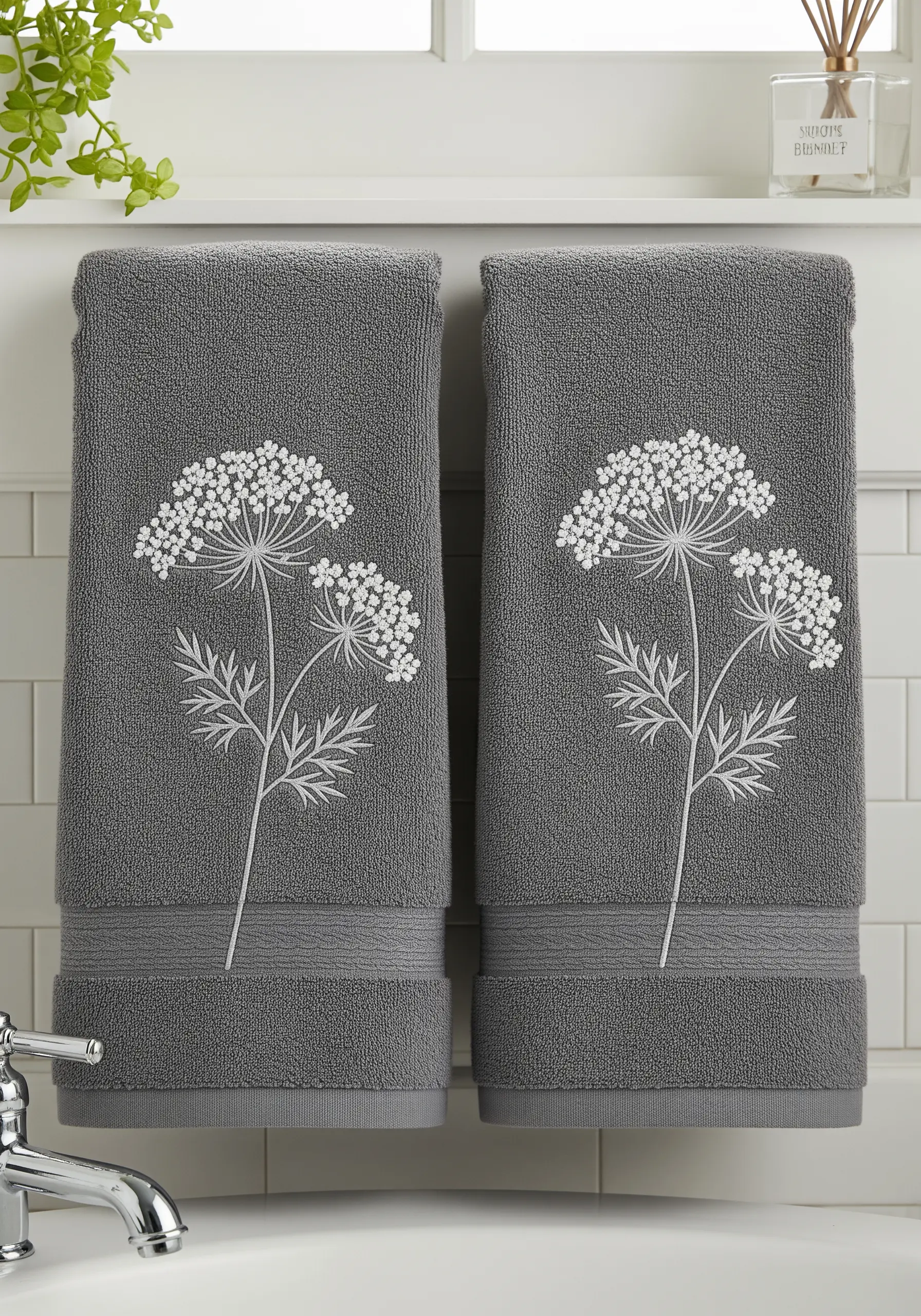 Delicate white embroidery of Queen Anne's Lace flowers on dark gray bathroom towels