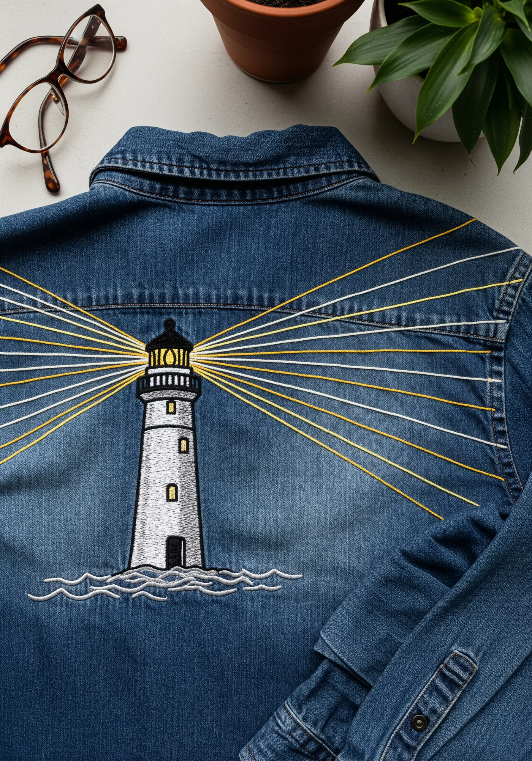 A lighthouse embroidered on the back of a denim jacket with long, radiating beams of yellow light.