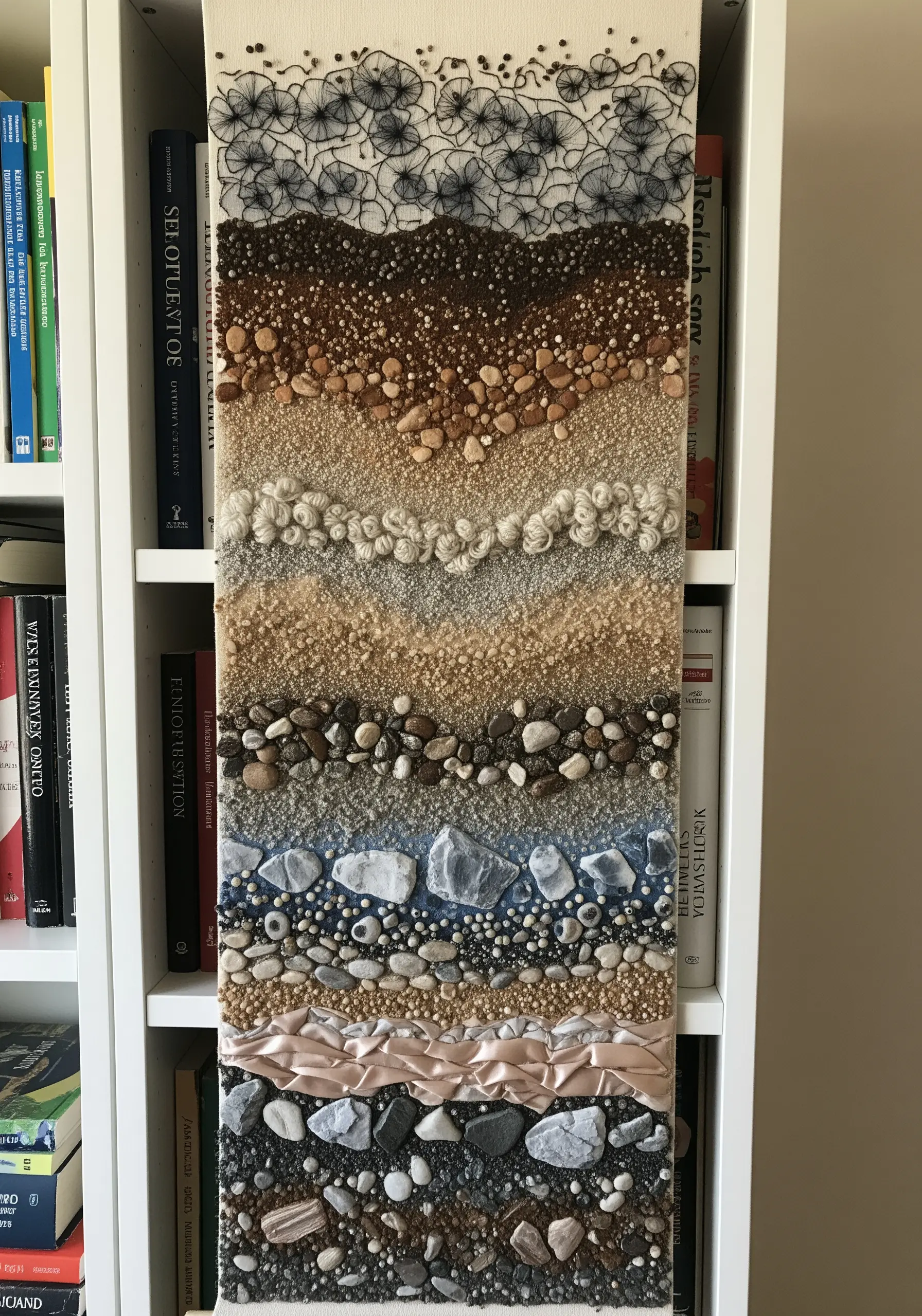 A vertical wall hanging depicting soil layers, with each stratum created using a different texture.