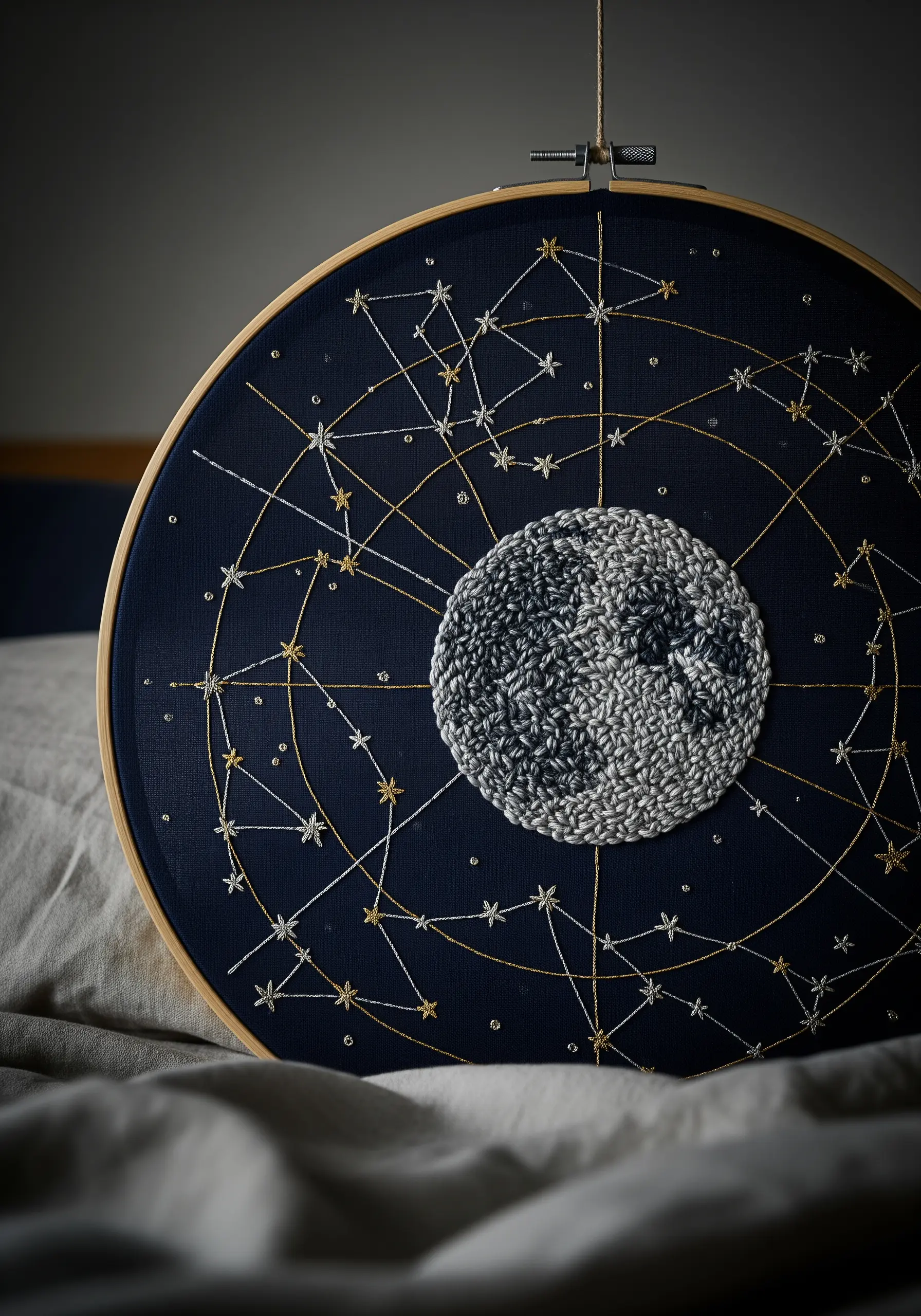 A close-up of an embroidery hoop with a French knot moon and metallic thread constellations.