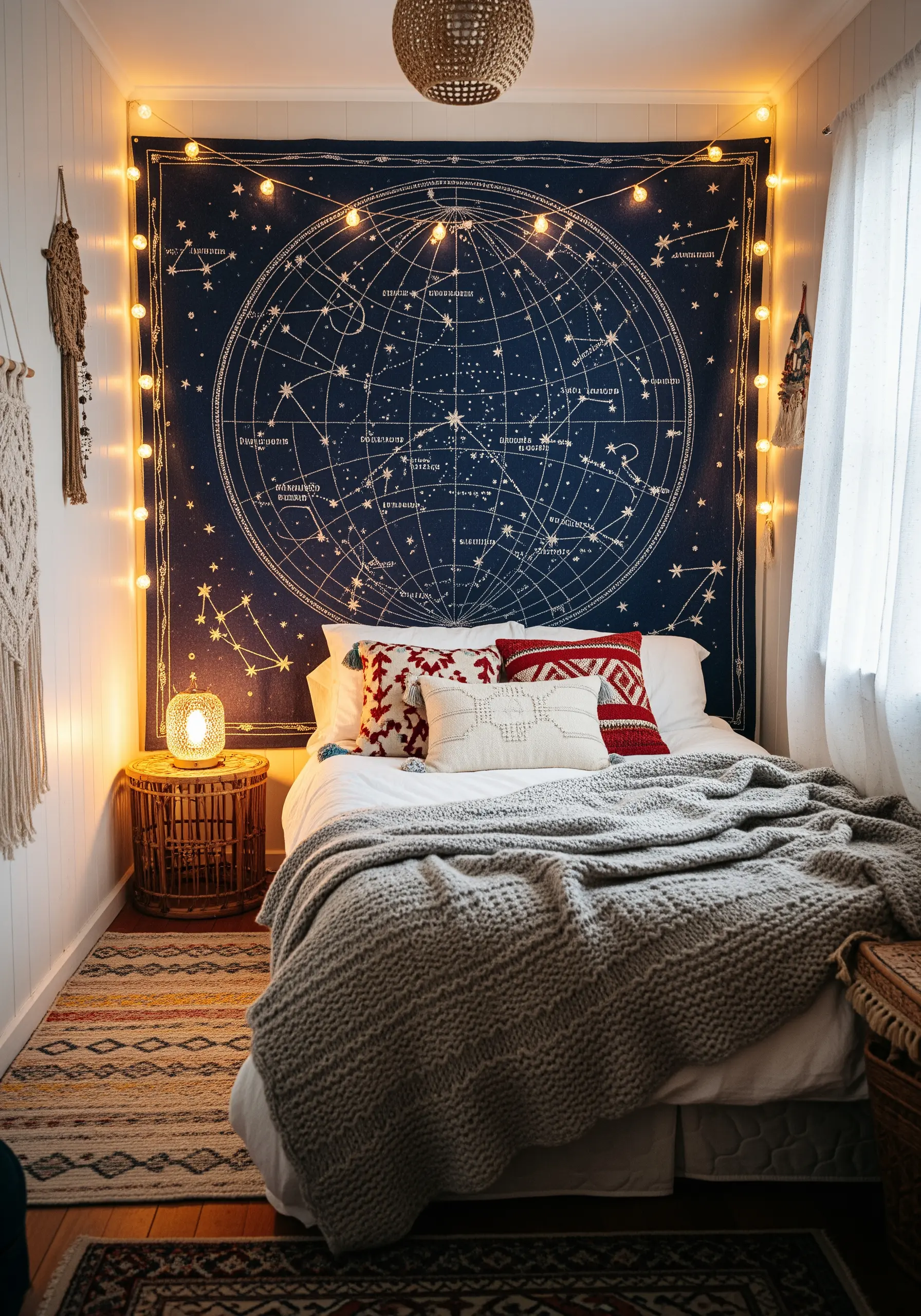 A large, dark blue wall tapestry featuring a detailed celestial map embroidered in white thread.