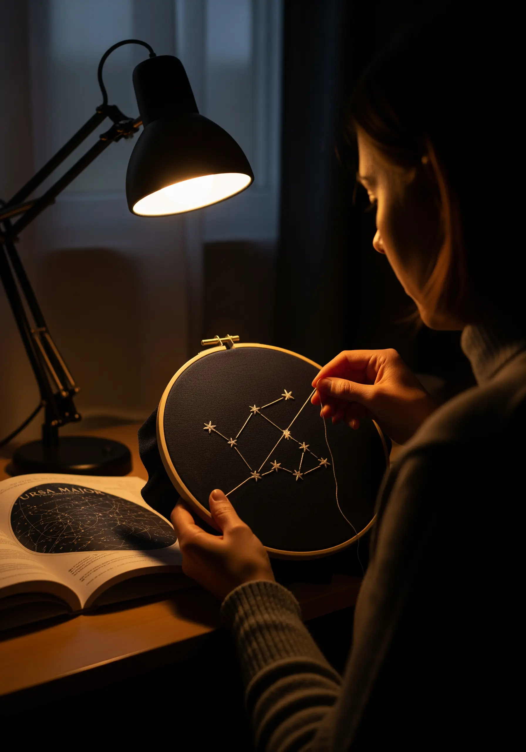A person stitching the Ursa Major constellation in white thread on black fabric under a desk lamp.