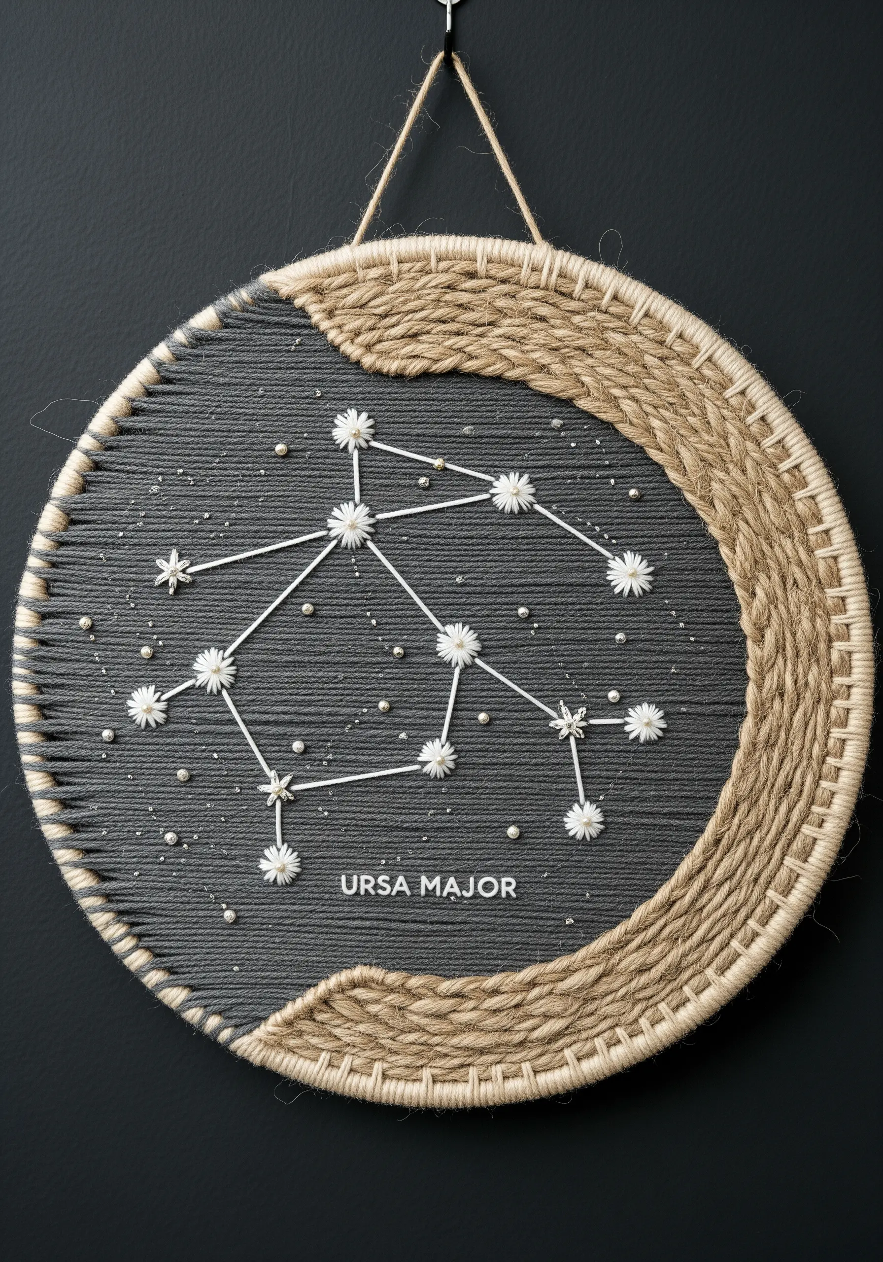 A mixed-media hoop art piece of the Ursa Major constellation with yarn and beads.
