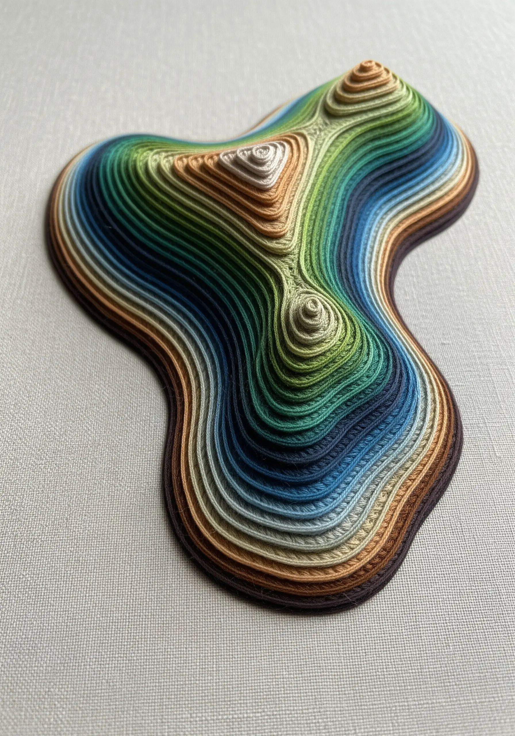 A 3D topographical map made of stacked layers covered in satin stitch in earth tones.