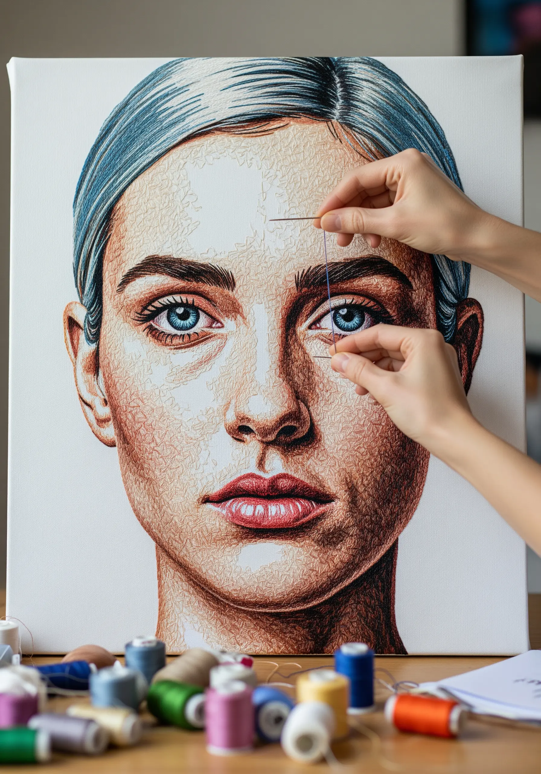 Hands using a needle to stitch the eye of a large, realistic embroidered portrait.