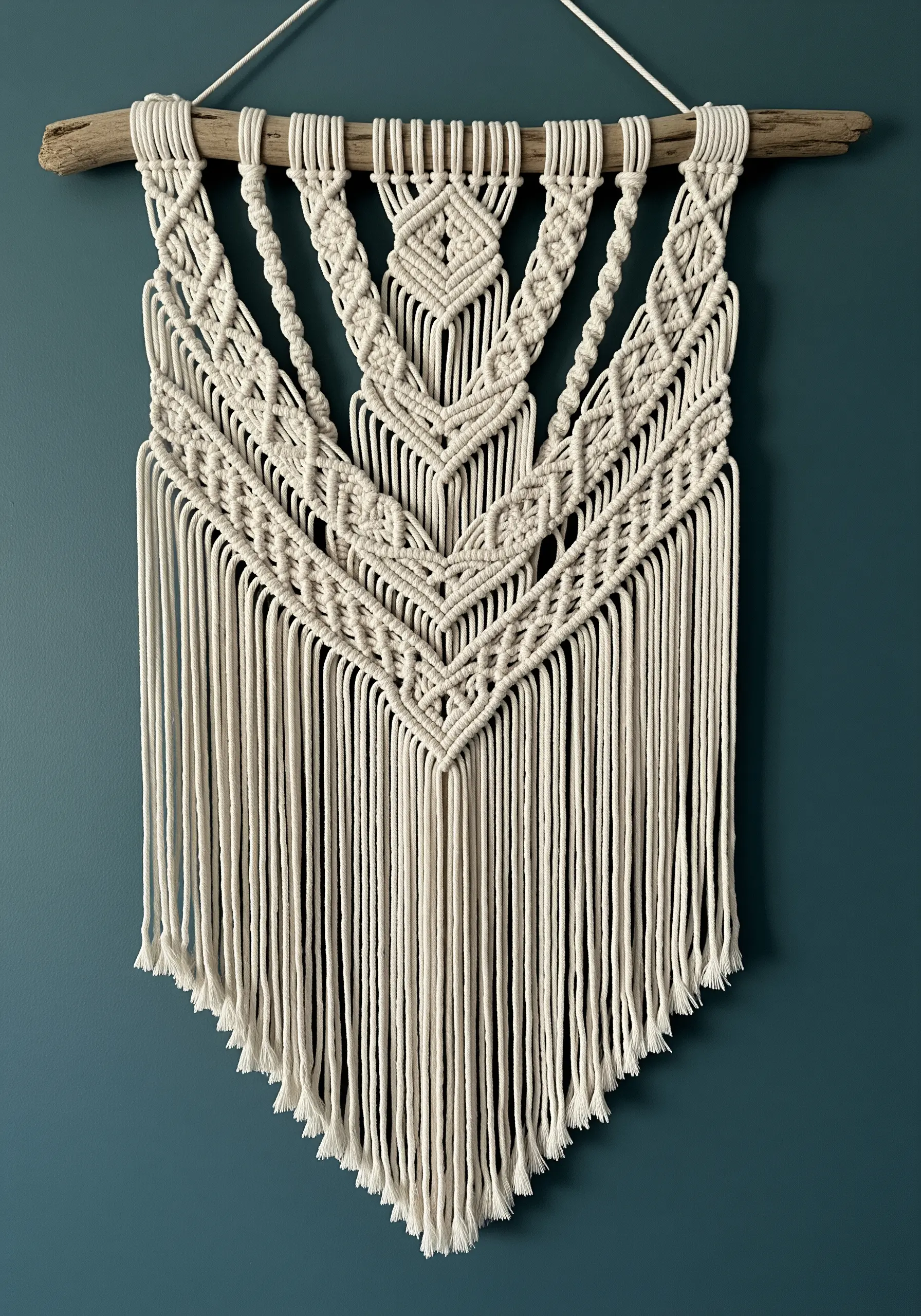 An intricate macrame wall hanging in off-white cord, mounted on a piece of natural driftwood.