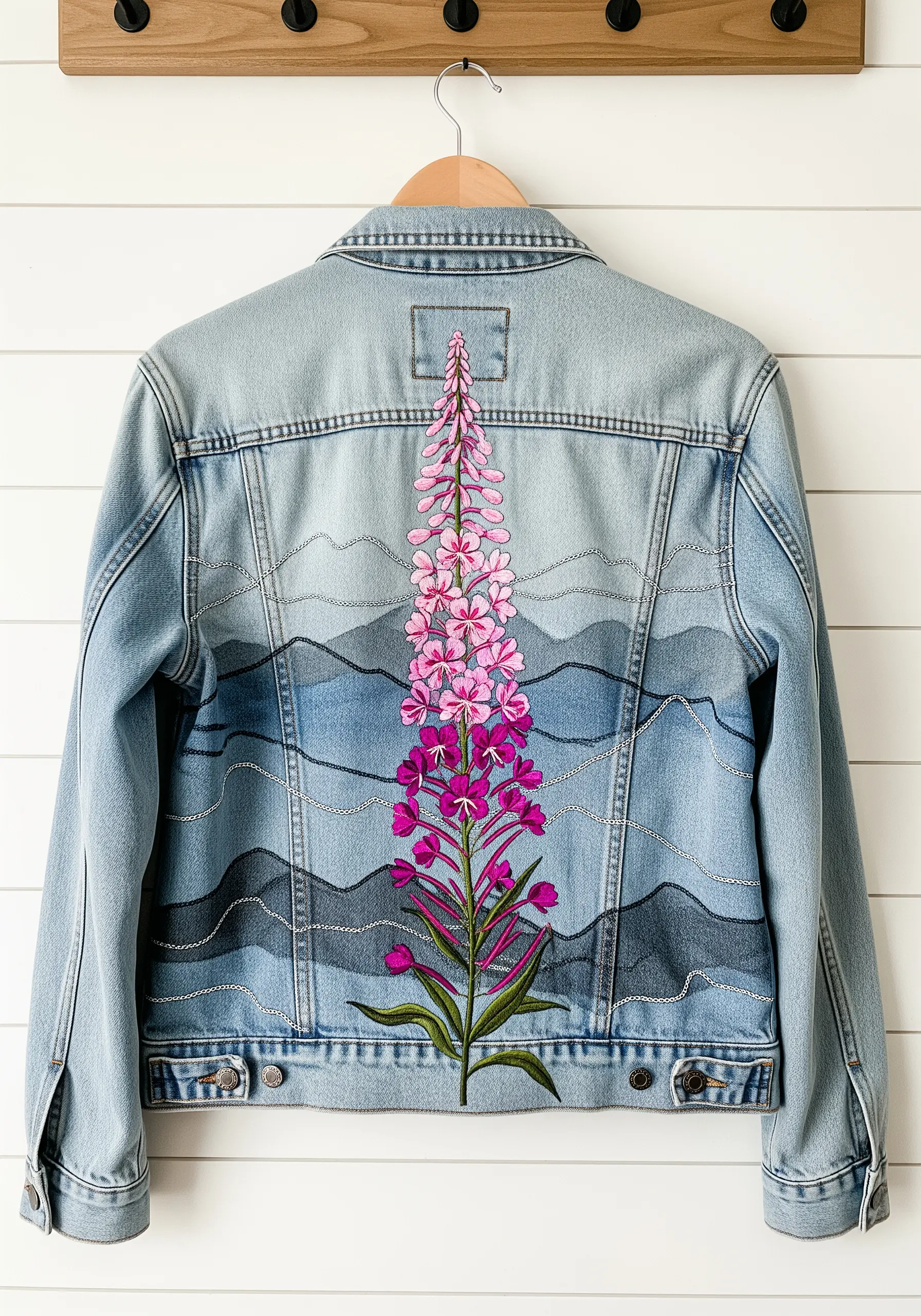 Large magenta fireweed embroidered on the back of a denim jacket with stylized mountains
