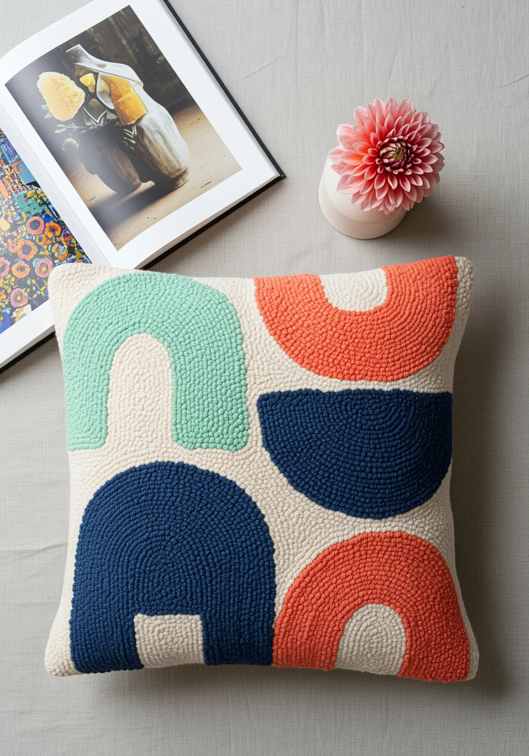 A punch needle cushion with abstract, colorful semi-circle and arch shapes.