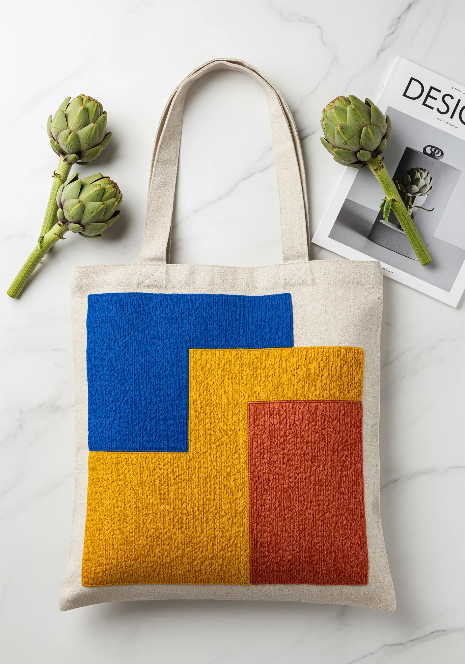 Abstract color block embroidery in blue, yellow, and rust on a canvas tote