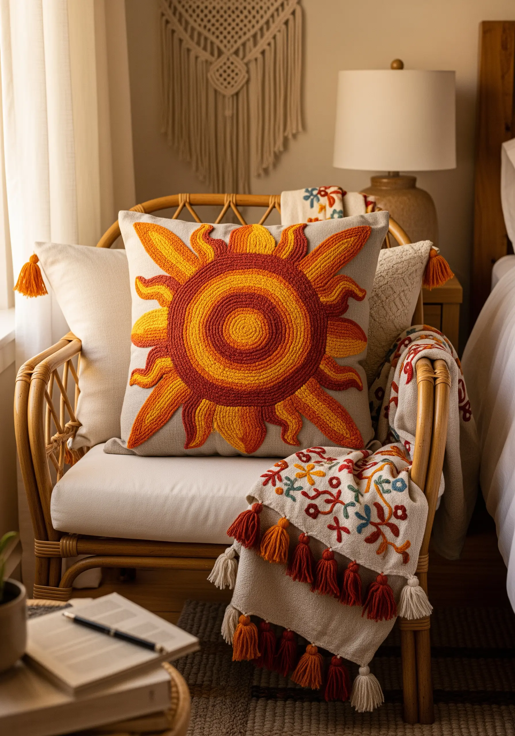 A decorative pillow with a large, textured sun embroidered in concentric circles of yellow, orange, and red.