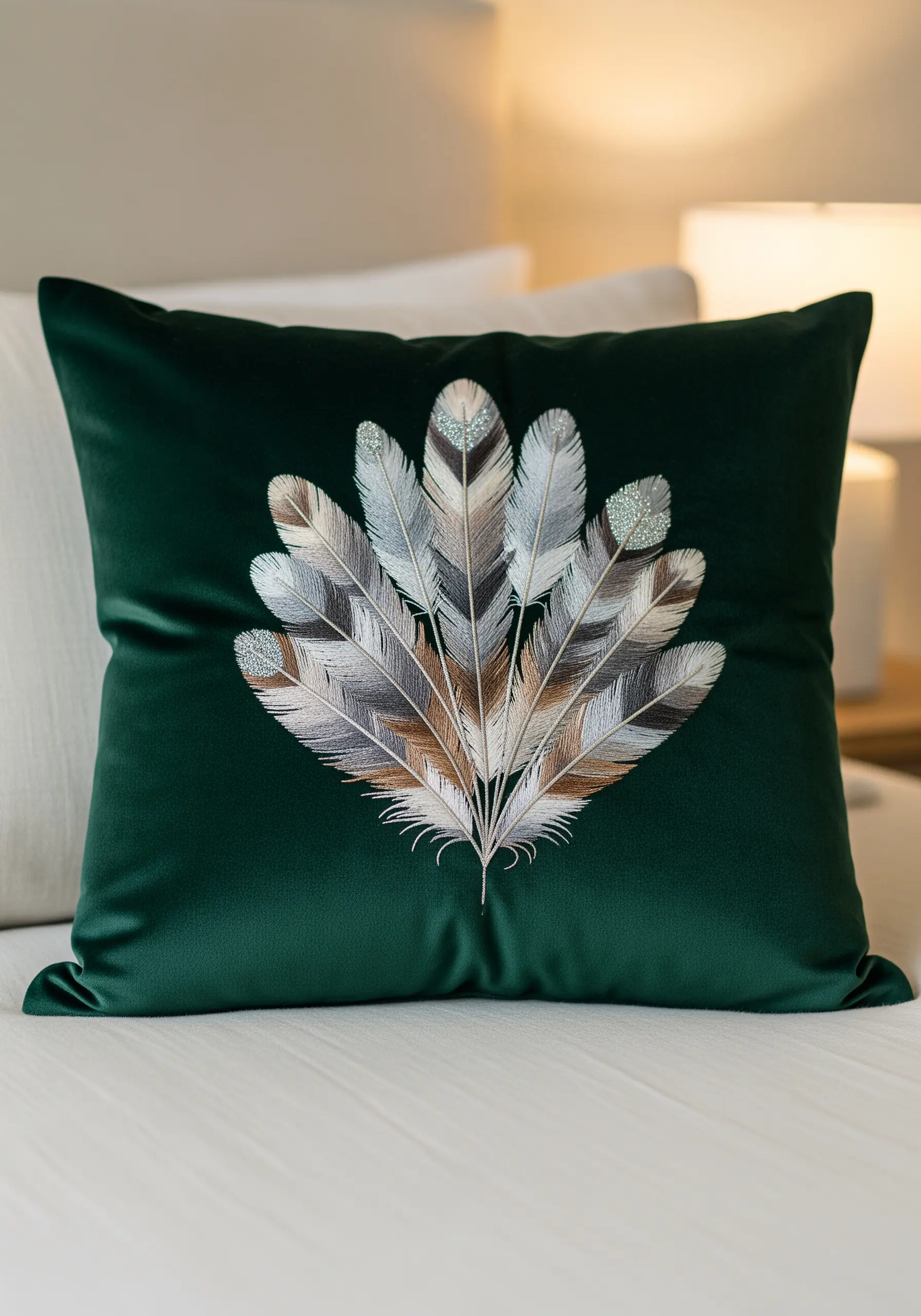 A fan of intricately embroidered feathers on a dark green velvet pillow, showing detailed shading.