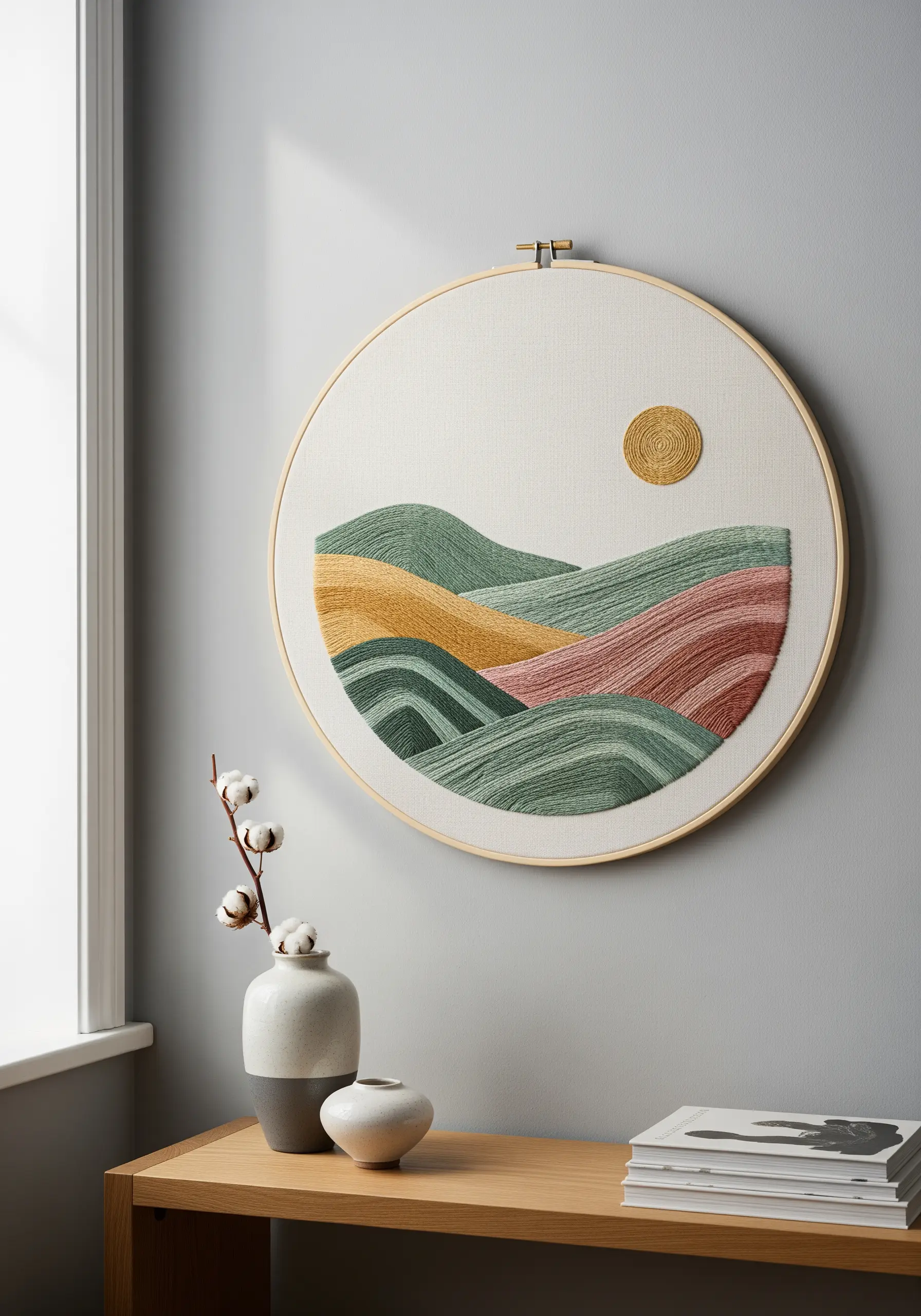 Large embroidery hoop with a minimal landscape of rolling hills in muted colors.