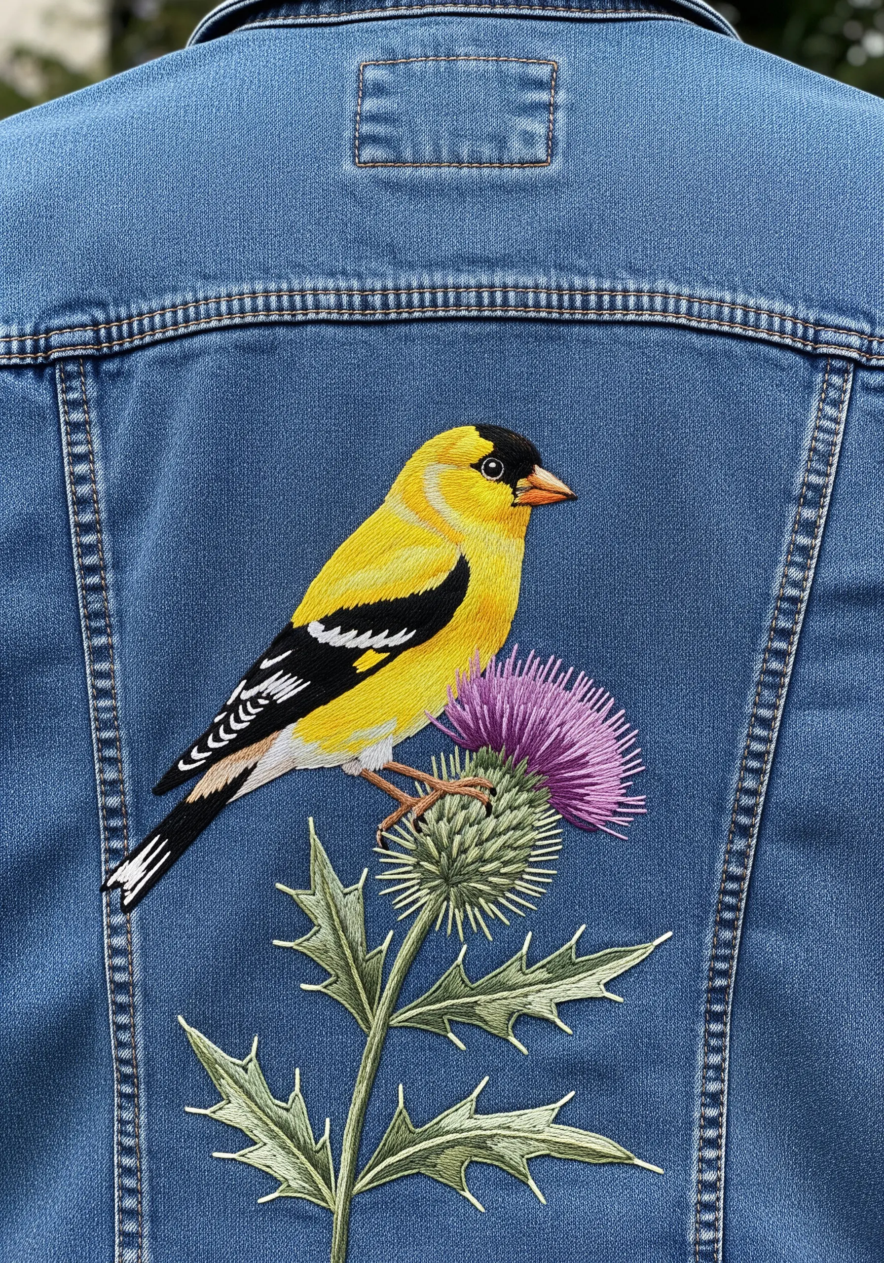A vibrant yellow goldfinch embroidered on the back of a blue denim jacket.